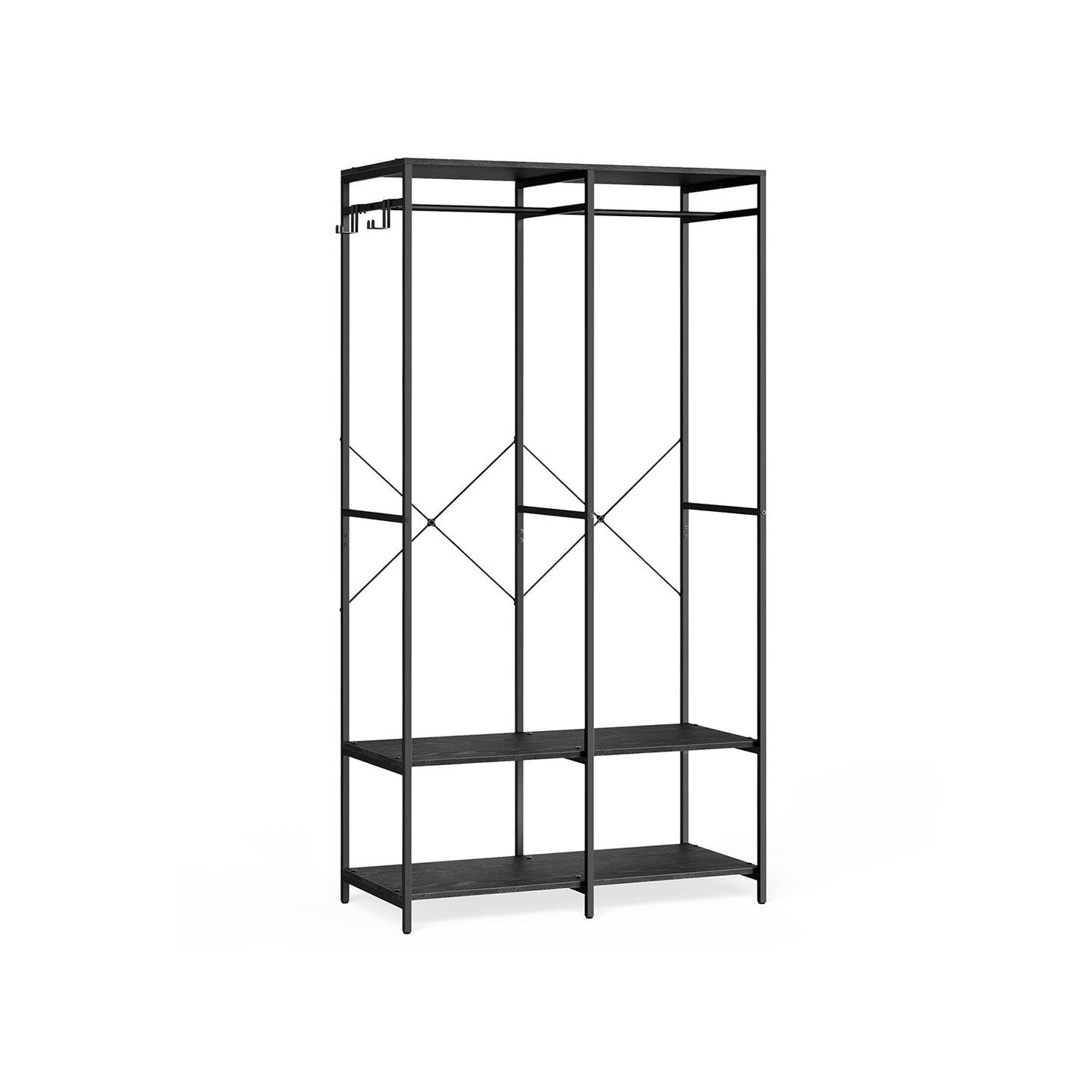 Portable Clothes Wardrobe - Fabric - Ebony Black - Foldable with Hanging Rods and Storage Shelves