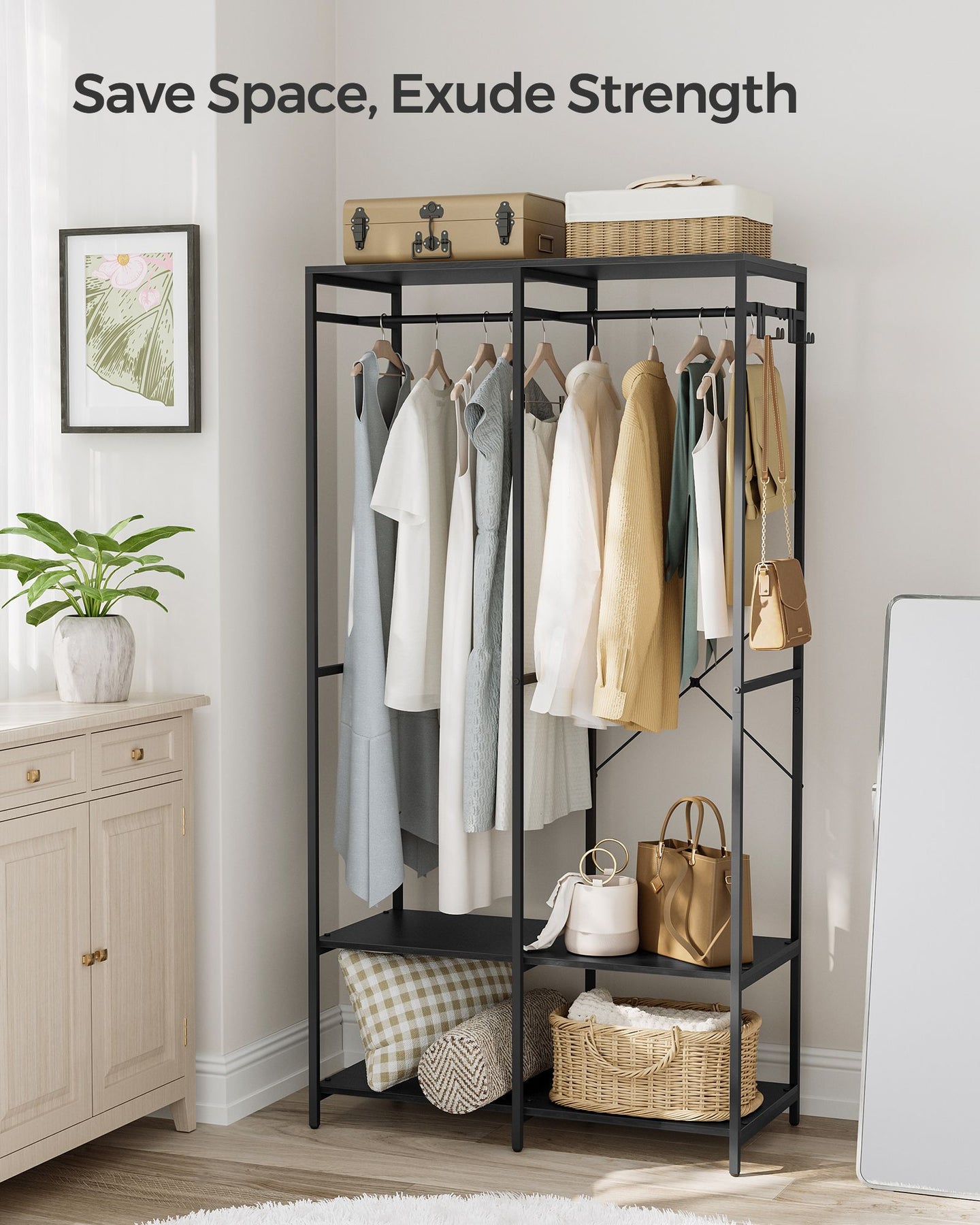 Portable Clothes Wardrobe - Fabric - Ebony Black - Foldable with Hanging Rods and Storage Shelves