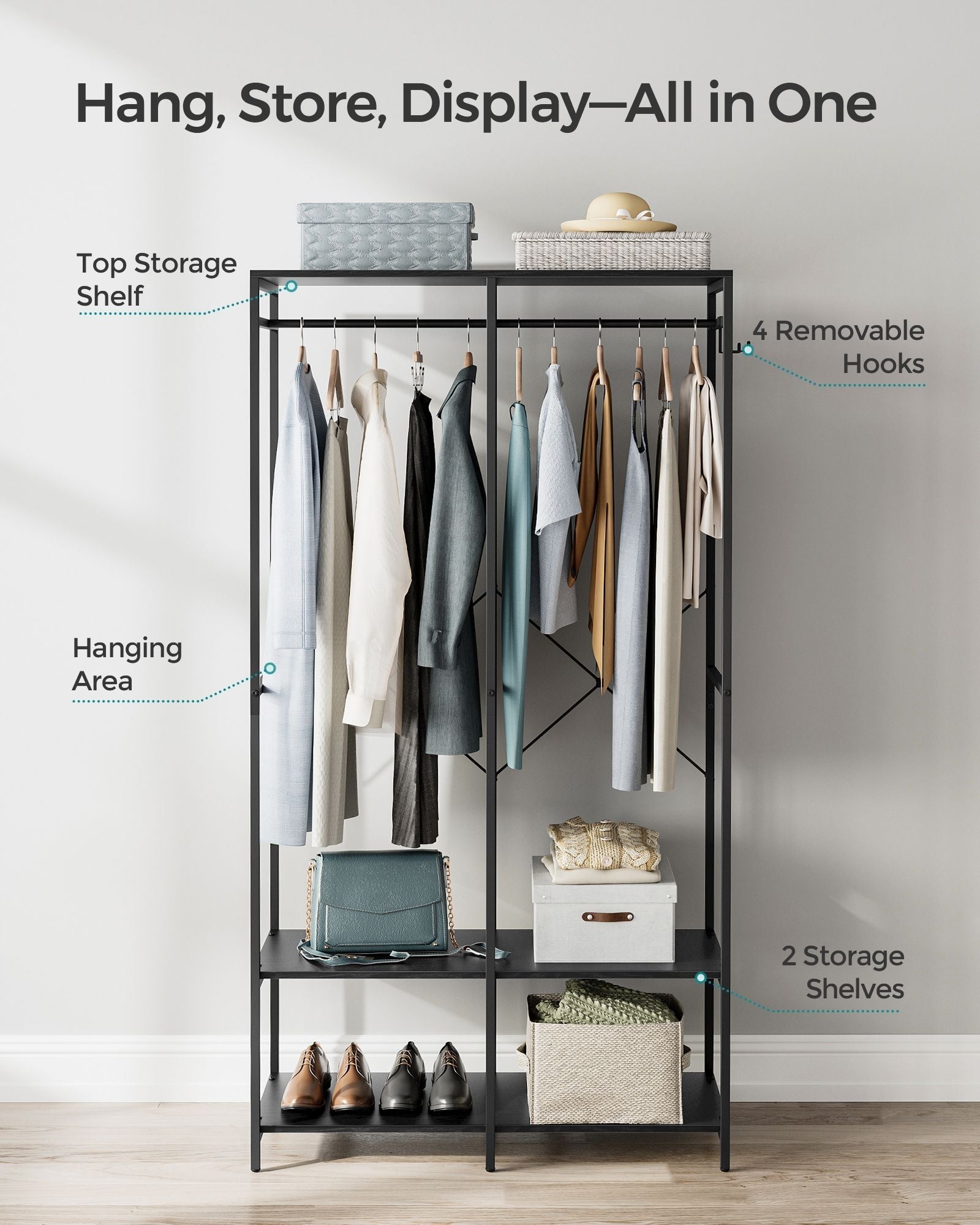 Portable Clothes Wardrobe - Fabric - Ebony Black - Foldable with Hanging Rods and Storage Shelves