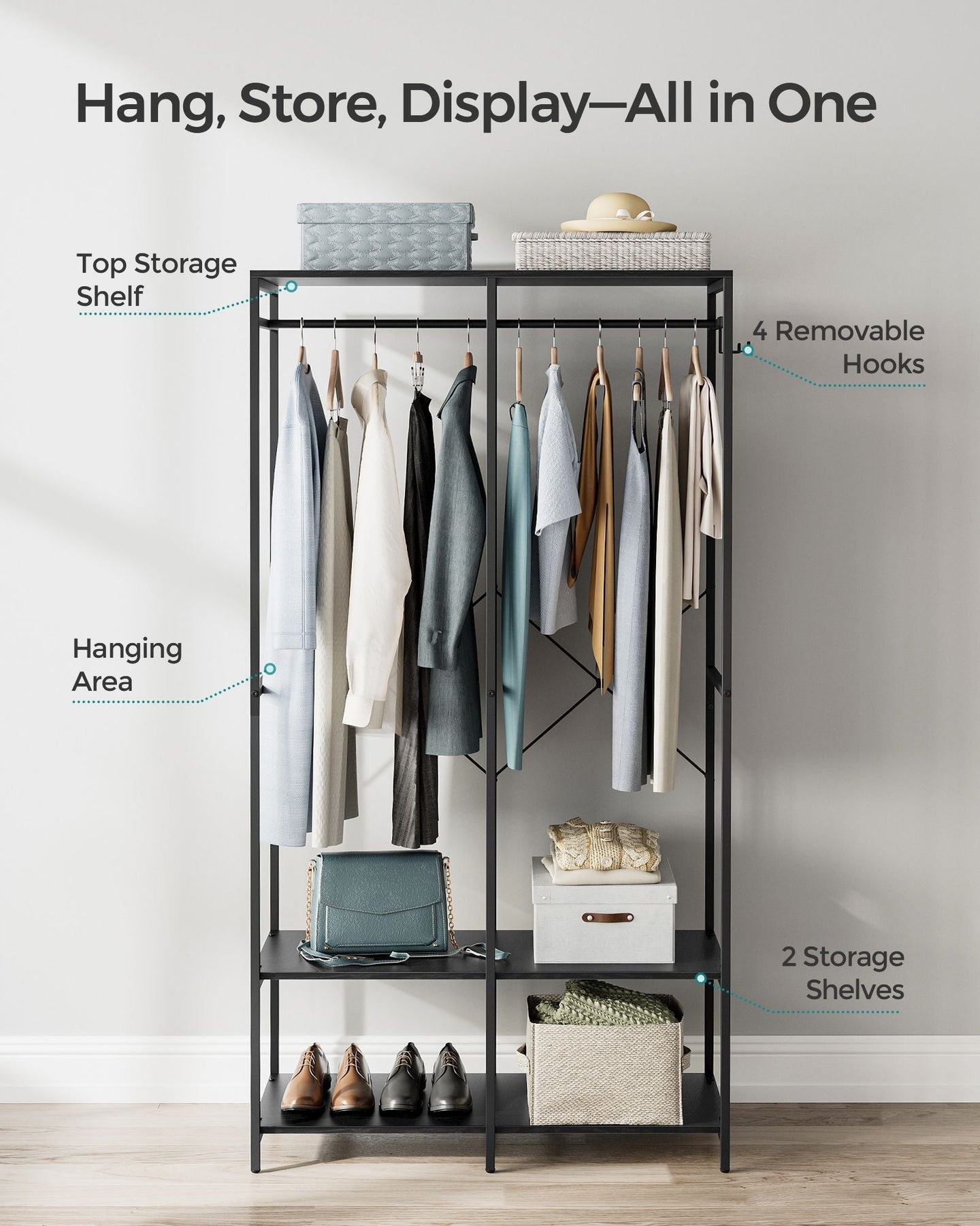 Portable Clothes Wardrobe - Fabric - Ebony Black - Foldable with Hanging Rods and Storage Shelves