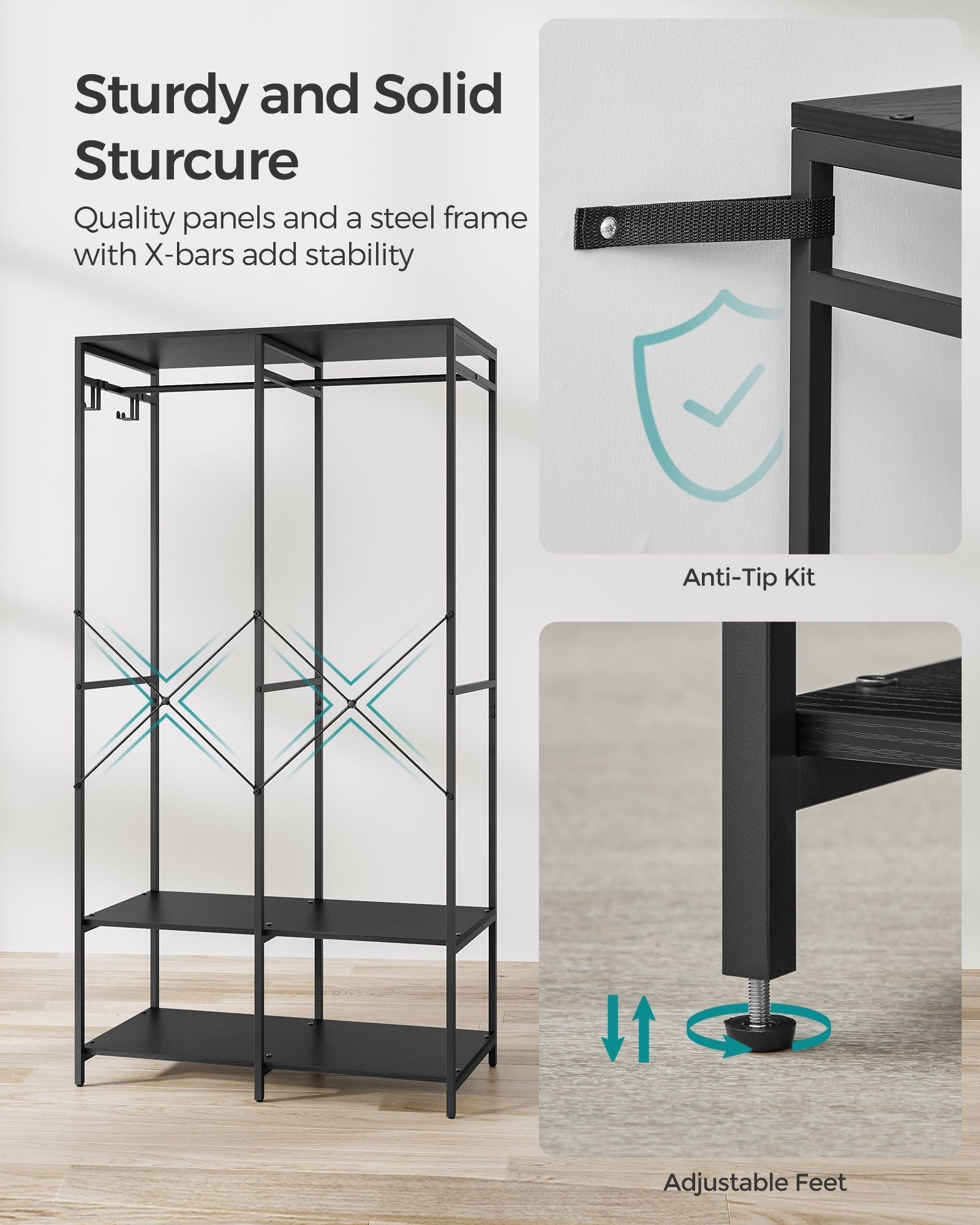 Portable Clothes Wardrobe - Fabric - Ebony Black - Foldable with Hanging Rods and Storage Shelves