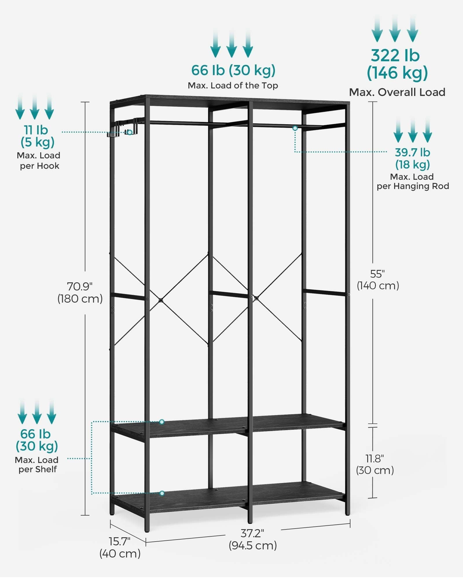 Portable Clothes Wardrobe - Fabric - Ebony Black - Foldable with Hanging Rods and Storage Shelves
