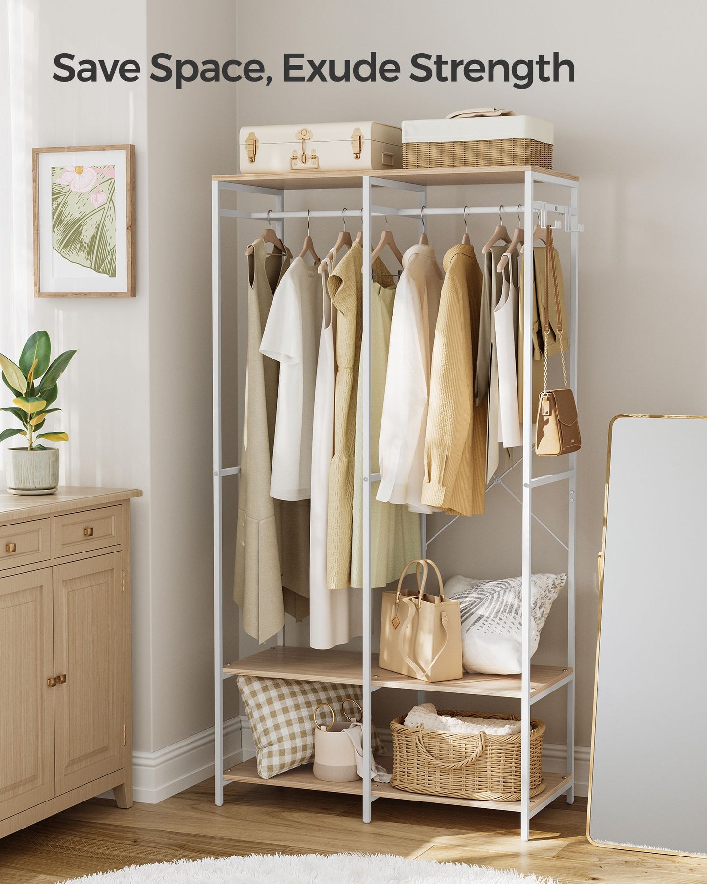 Portable Clothes Wardrobe - Fabric - Natural Beige - Foldable with Hanging Rods and Storage Shelves