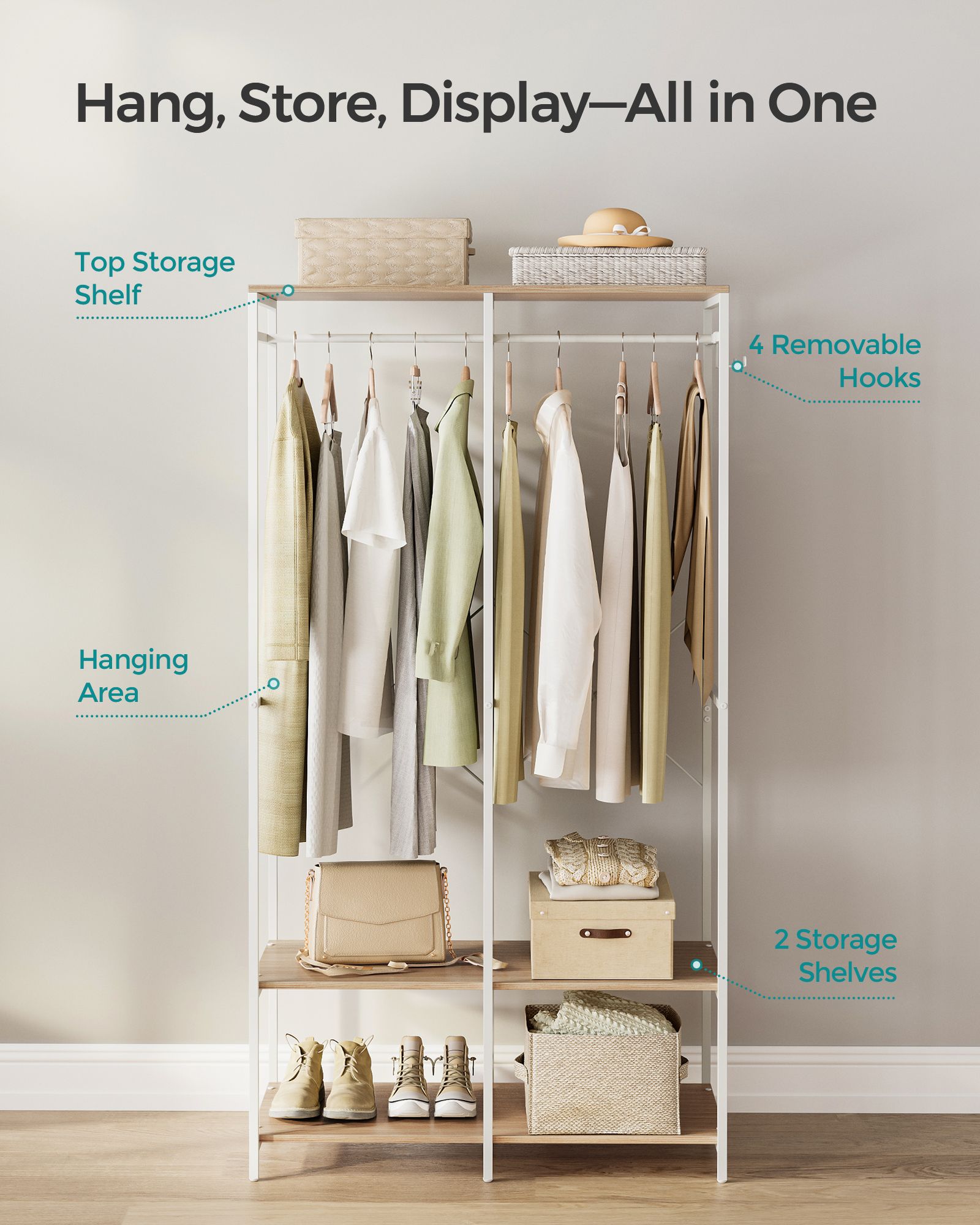 Portable Clothes Wardrobe - Fabric - Natural Beige - Foldable with Hanging Rods and Storage Shelves