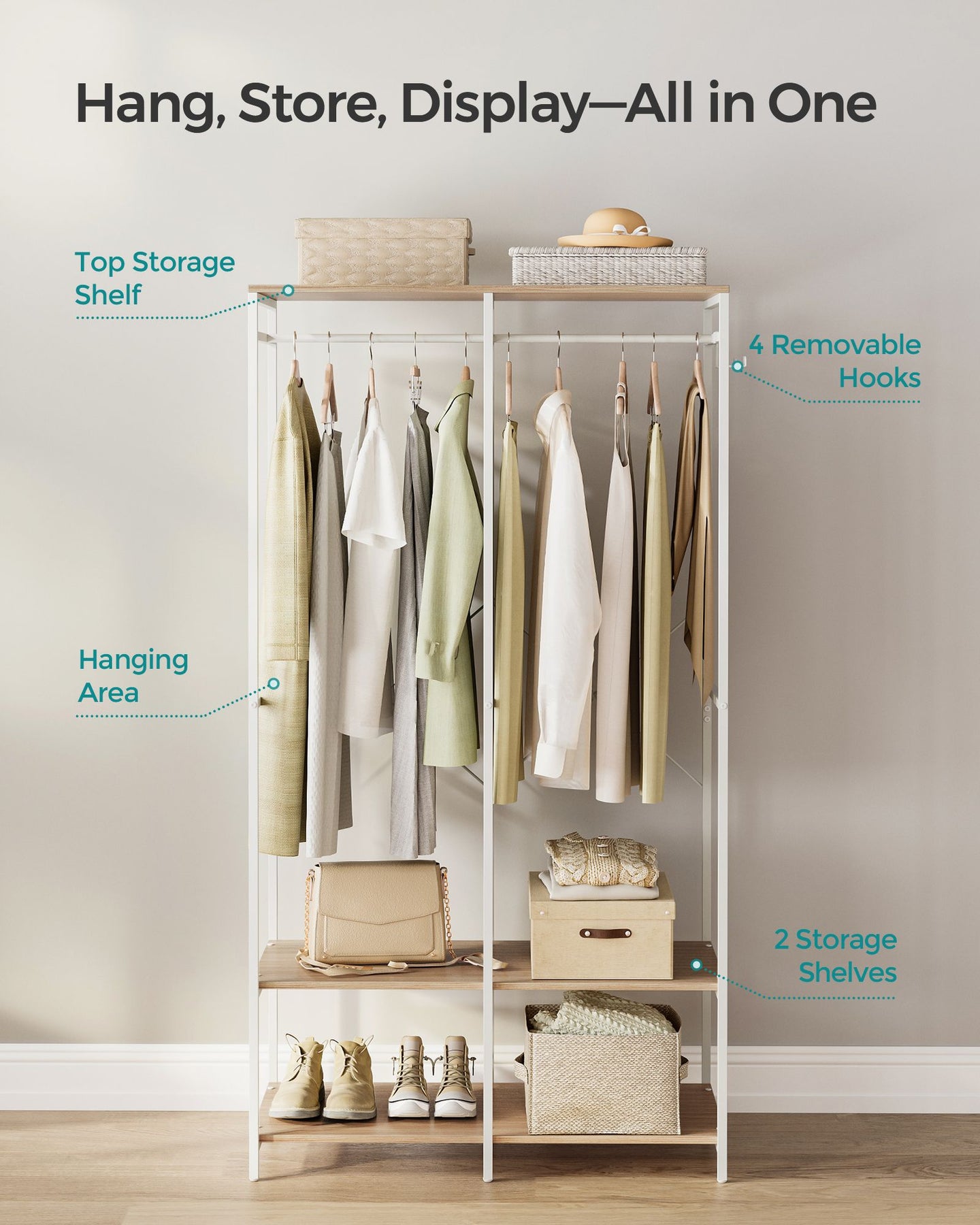 Portable Clothes Wardrobe - Fabric - Natural Beige - Foldable with Hanging Rods and Storage Shelves