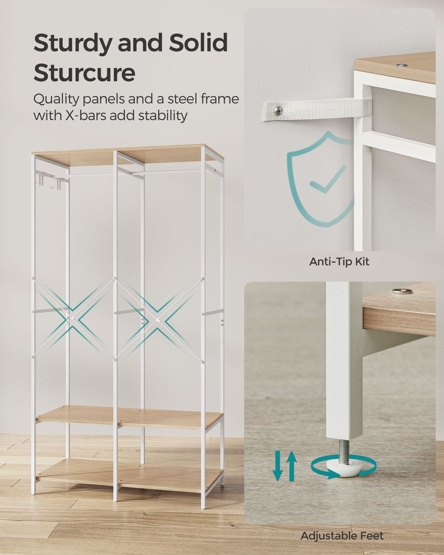 Portable Clothes Wardrobe - Fabric - Natural Beige - Foldable with Hanging Rods and Storage Shelves