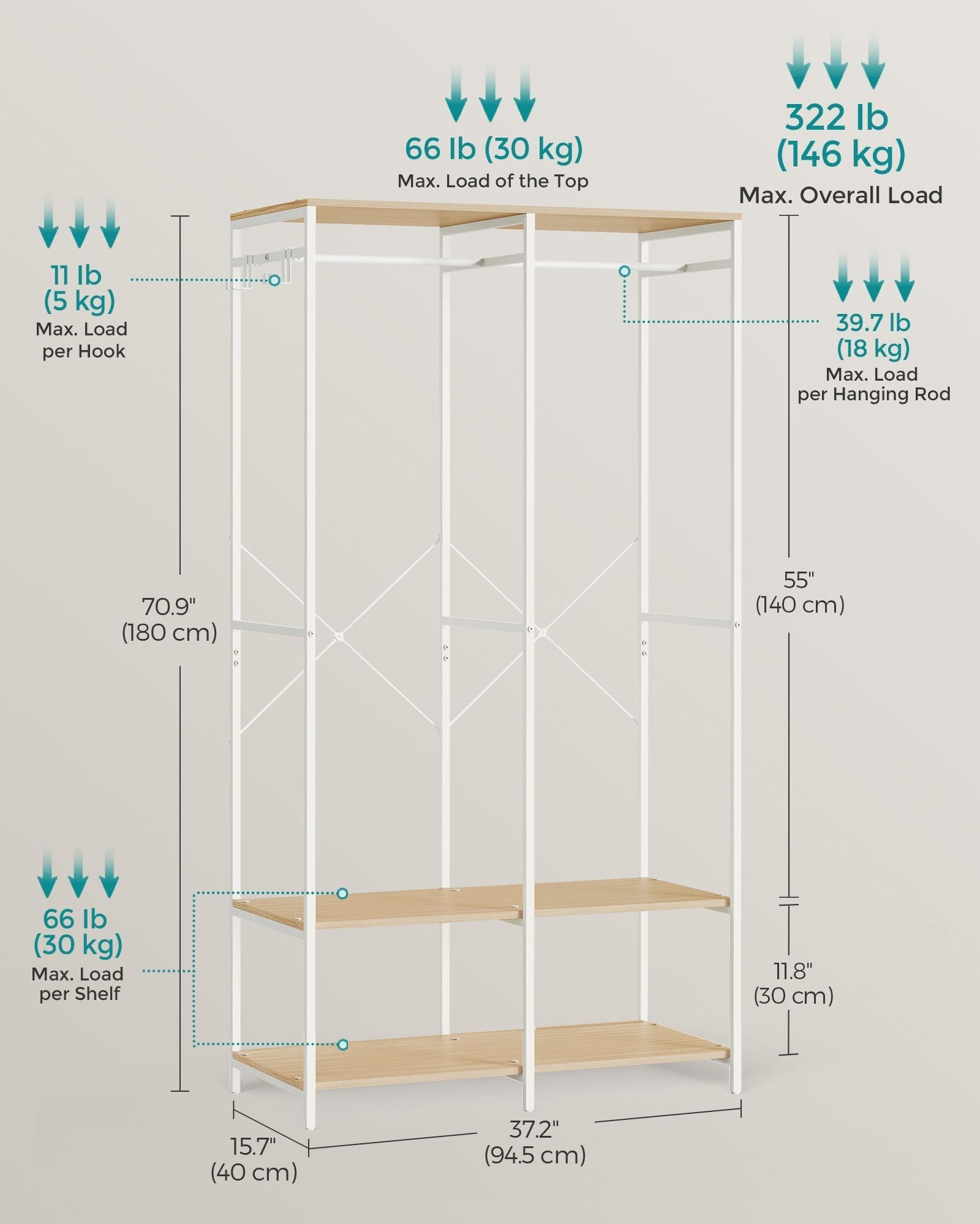 Portable Clothes Wardrobe - Fabric - Natural Beige - Foldable with Hanging Rods and Storage Shelves