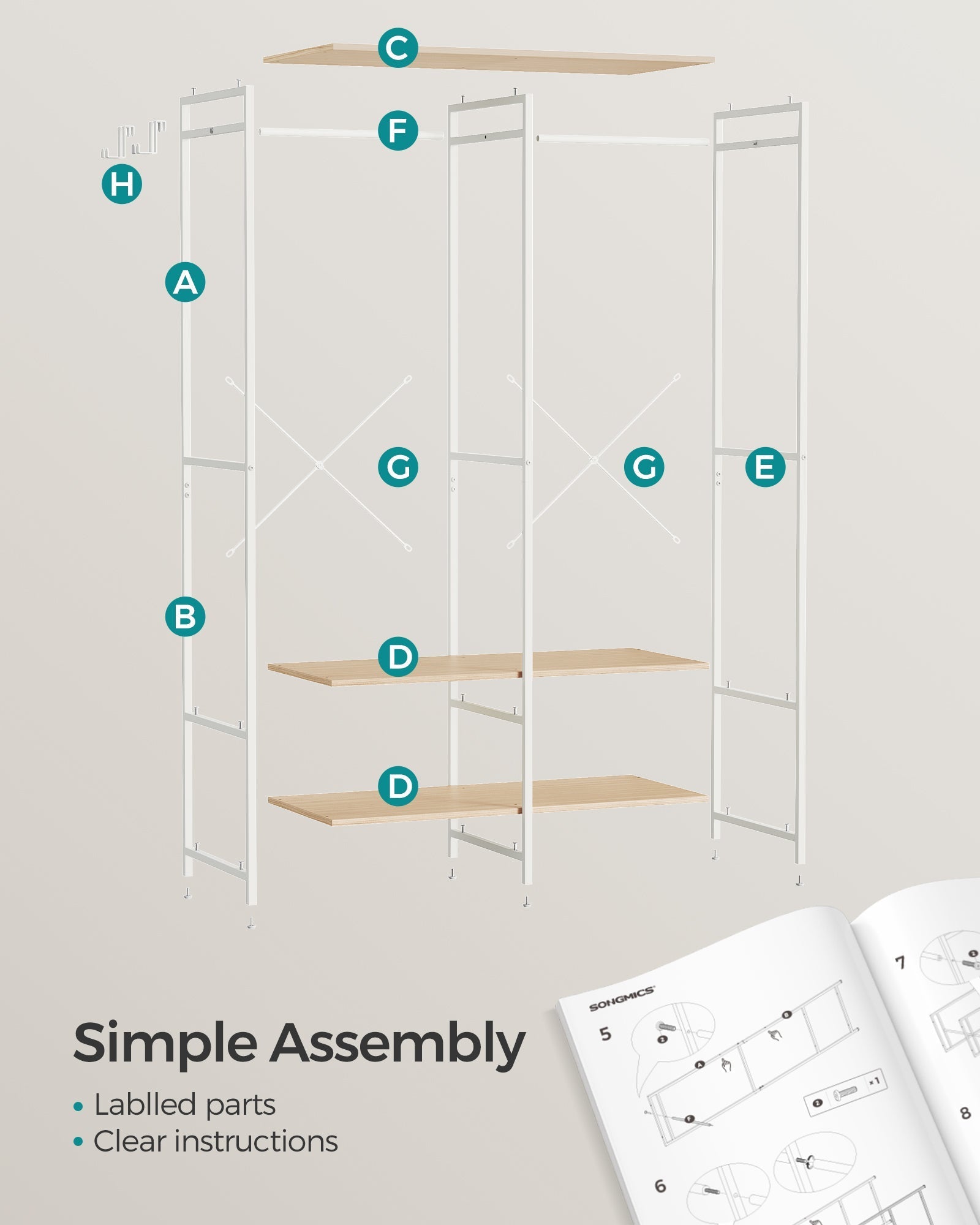 Portable Clothes Wardrobe - Fabric - Natural Beige - Foldable with Hanging Rods and Storage Shelves