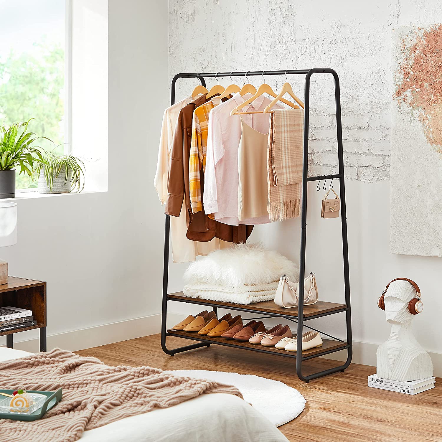 Heavy-Duty Clothes Rack - Steel - Rustic Brown and Black - Includes Shelves and S-Hooks