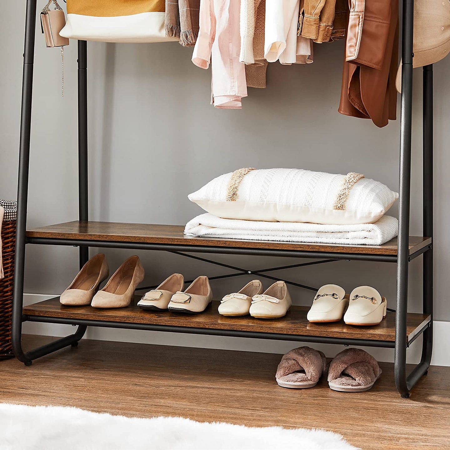 Heavy-Duty Clothes Rack - Steel - Rustic Brown and Black - Includes Shelves and S-Hooks