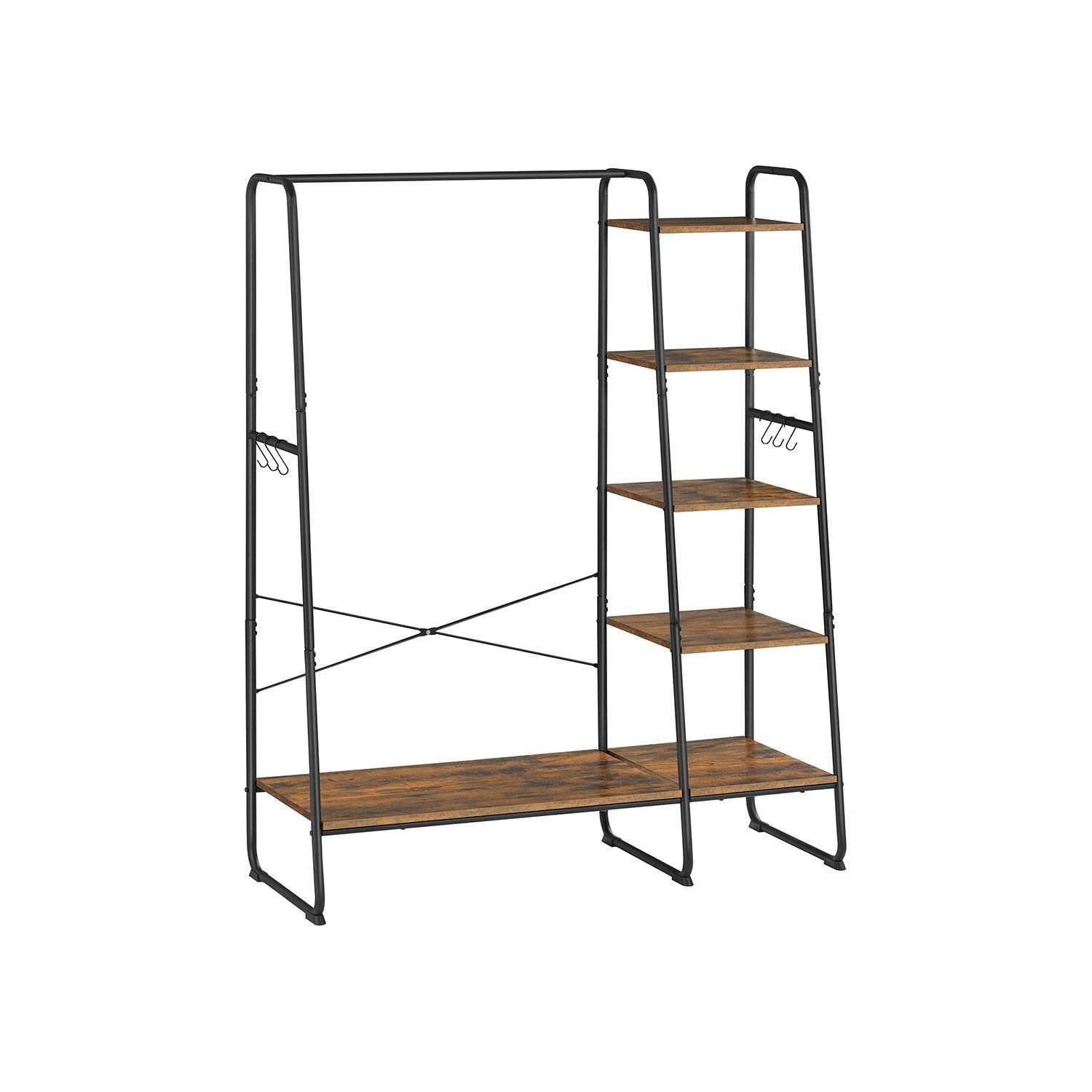 Clothes Rail - Metal - Rustic Brown - 5-Tier Storage with Shoe Rack and Side Hooks