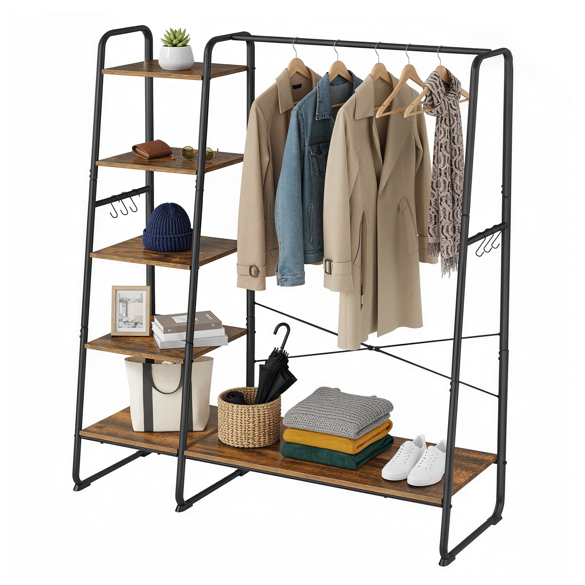 Garment Rack - Metal - Brown and Black - 5-Tier Shelves and 6 Hooks