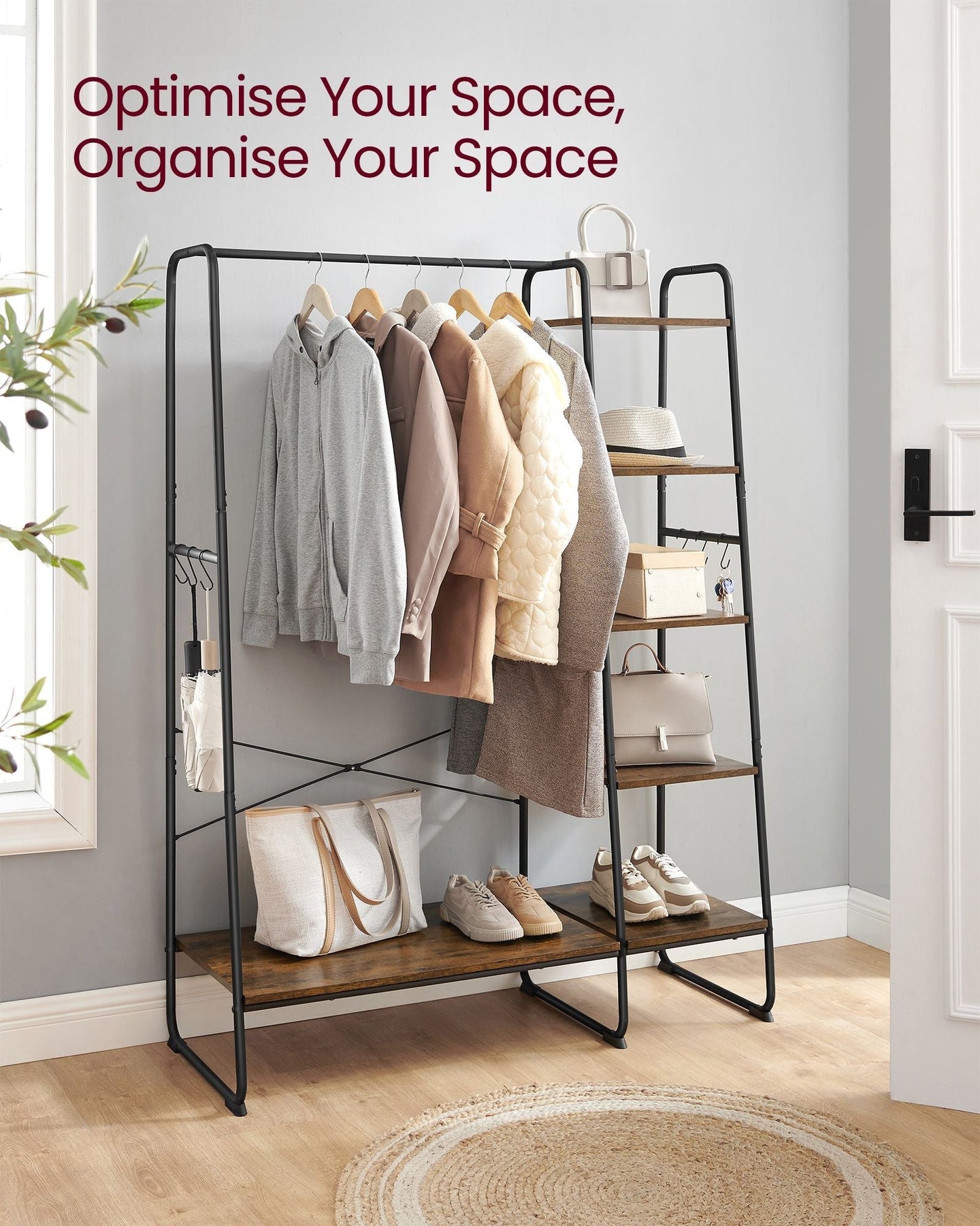 Clothes Rail - Metal - Rustic Brown - 5-Tier Storage with Shoe Rack and Side Hooks