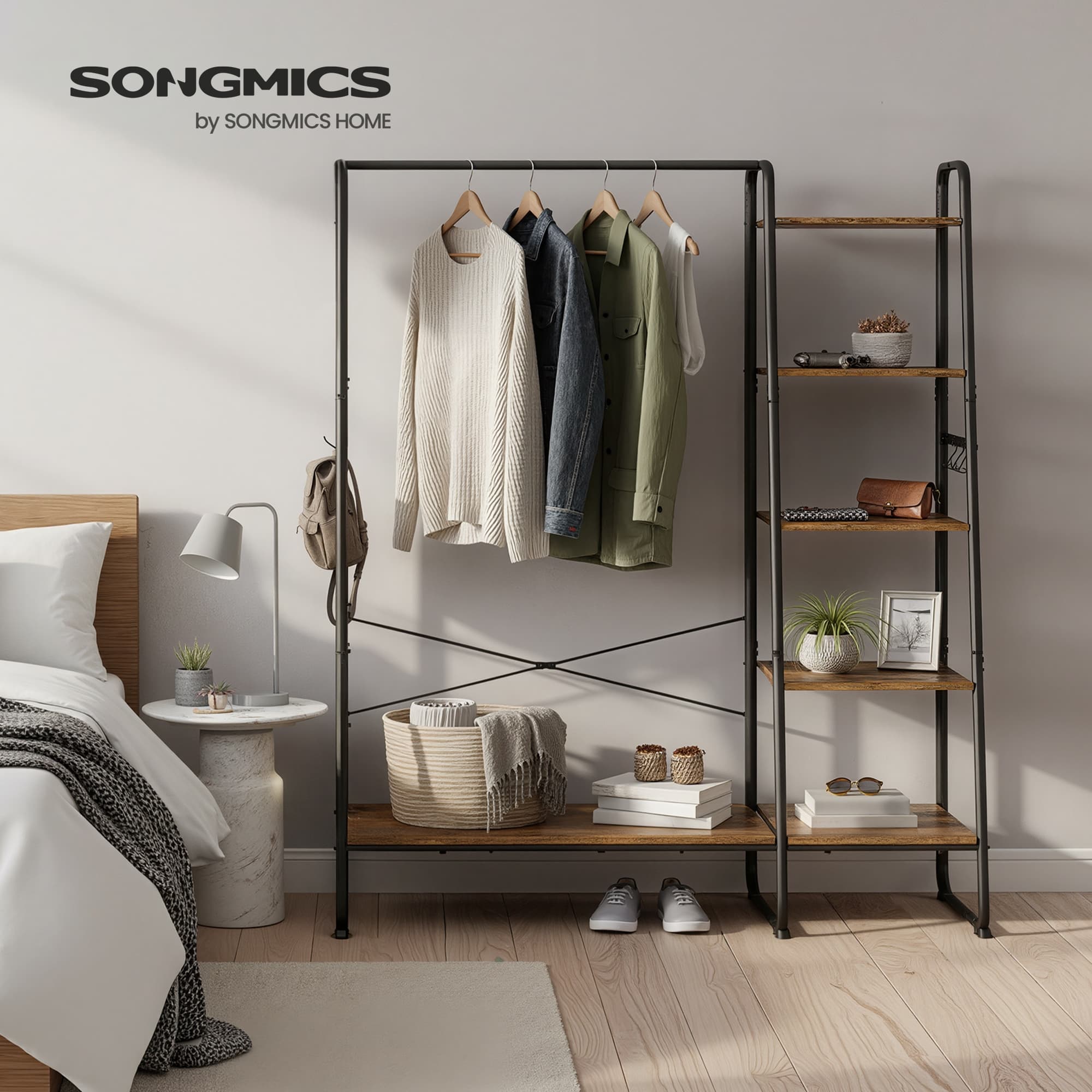 Garment Rack - Metal - Brown and Black - 5-Tier Shelves and 6 Hooks
