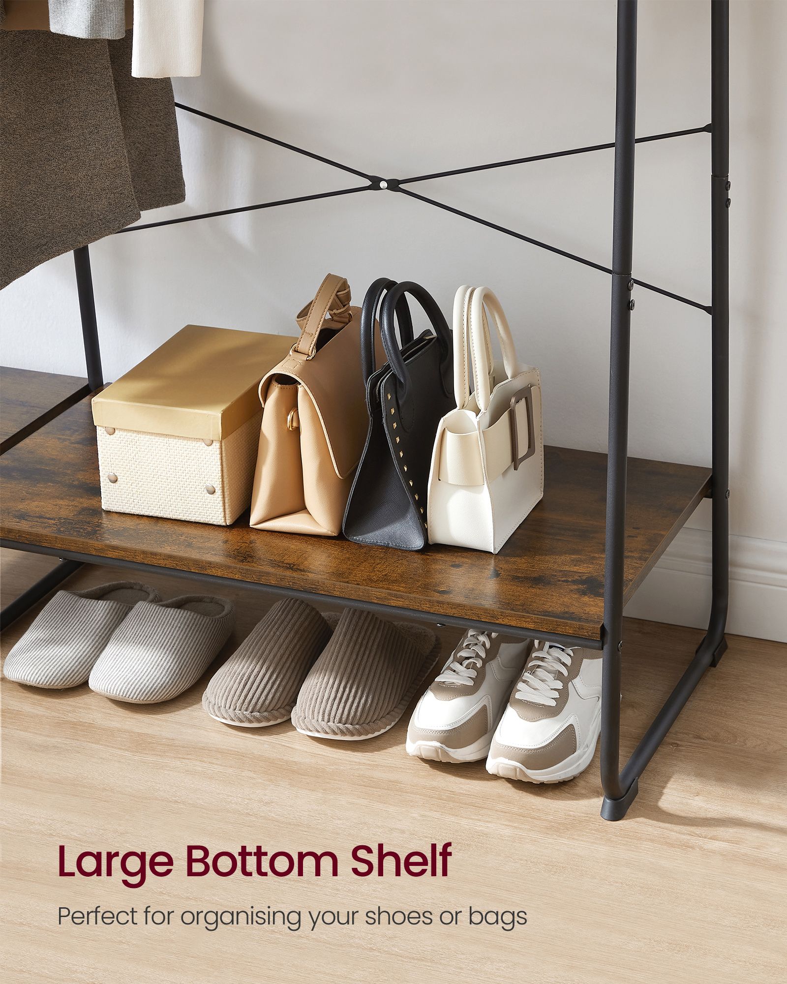 Clothes Rail - Metal - Rustic Brown - 5-Tier Storage with Shoe Rack and Side Hooks