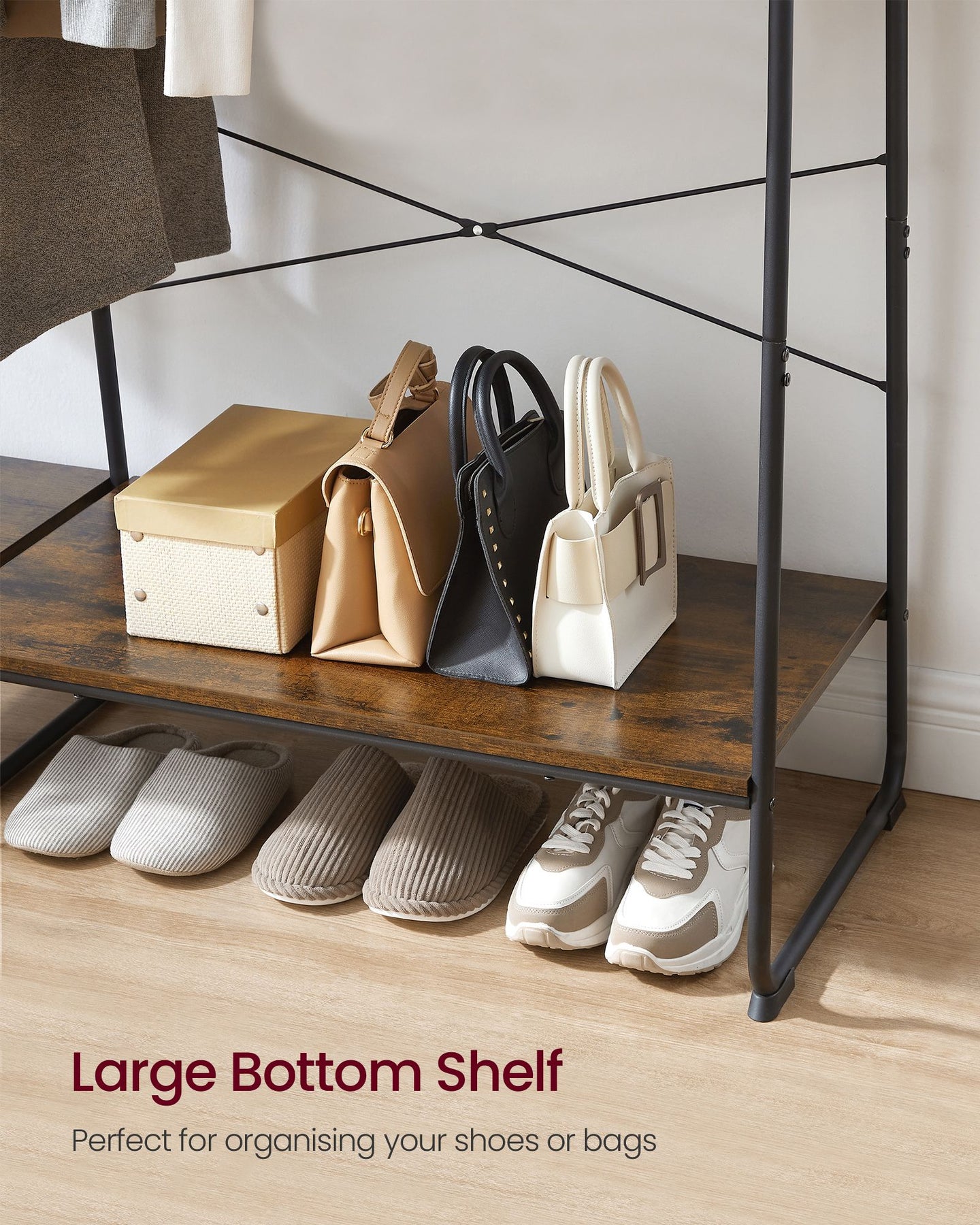 Clothes Rail - Metal - Rustic Brown - 5-Tier Storage with Shoe Rack and Side Hooks