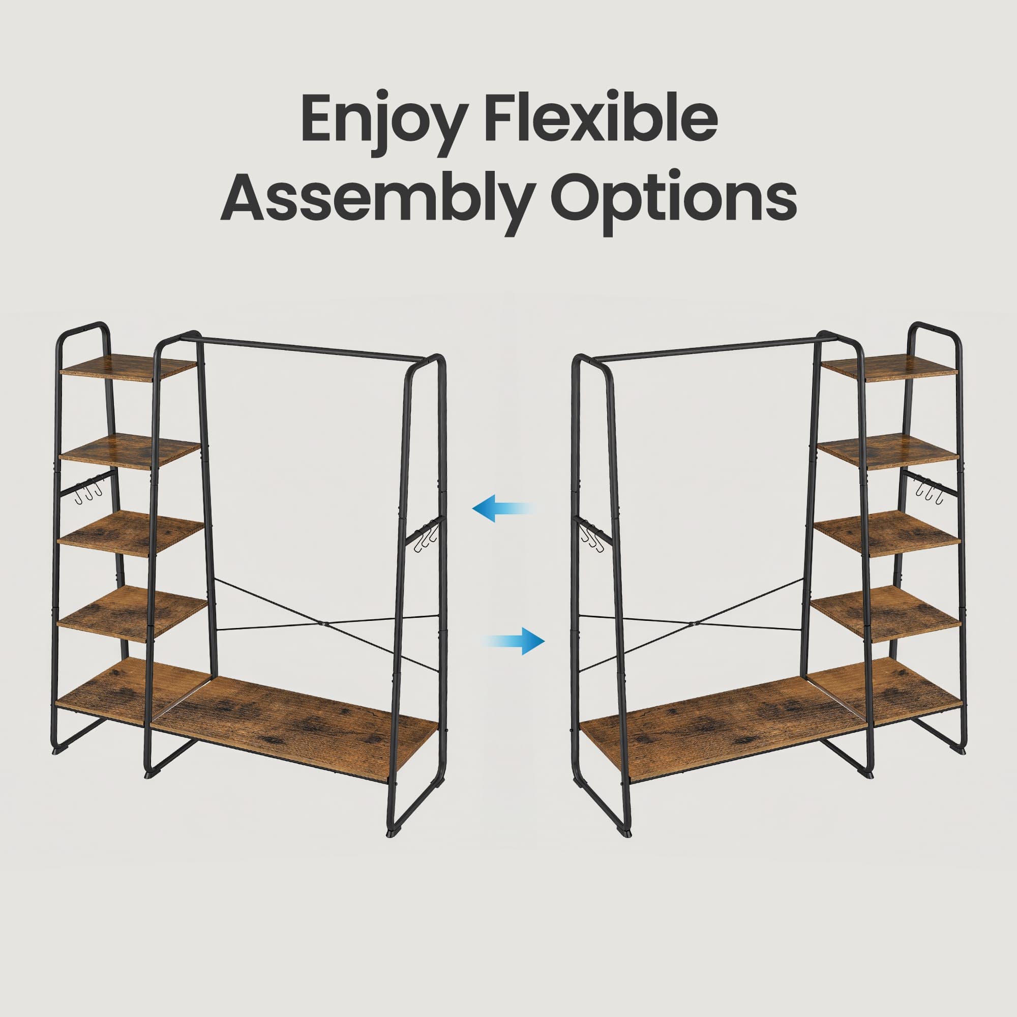 Garment Rack - Metal - Brown and Black - 5-Tier Shelves and 6 Hooks