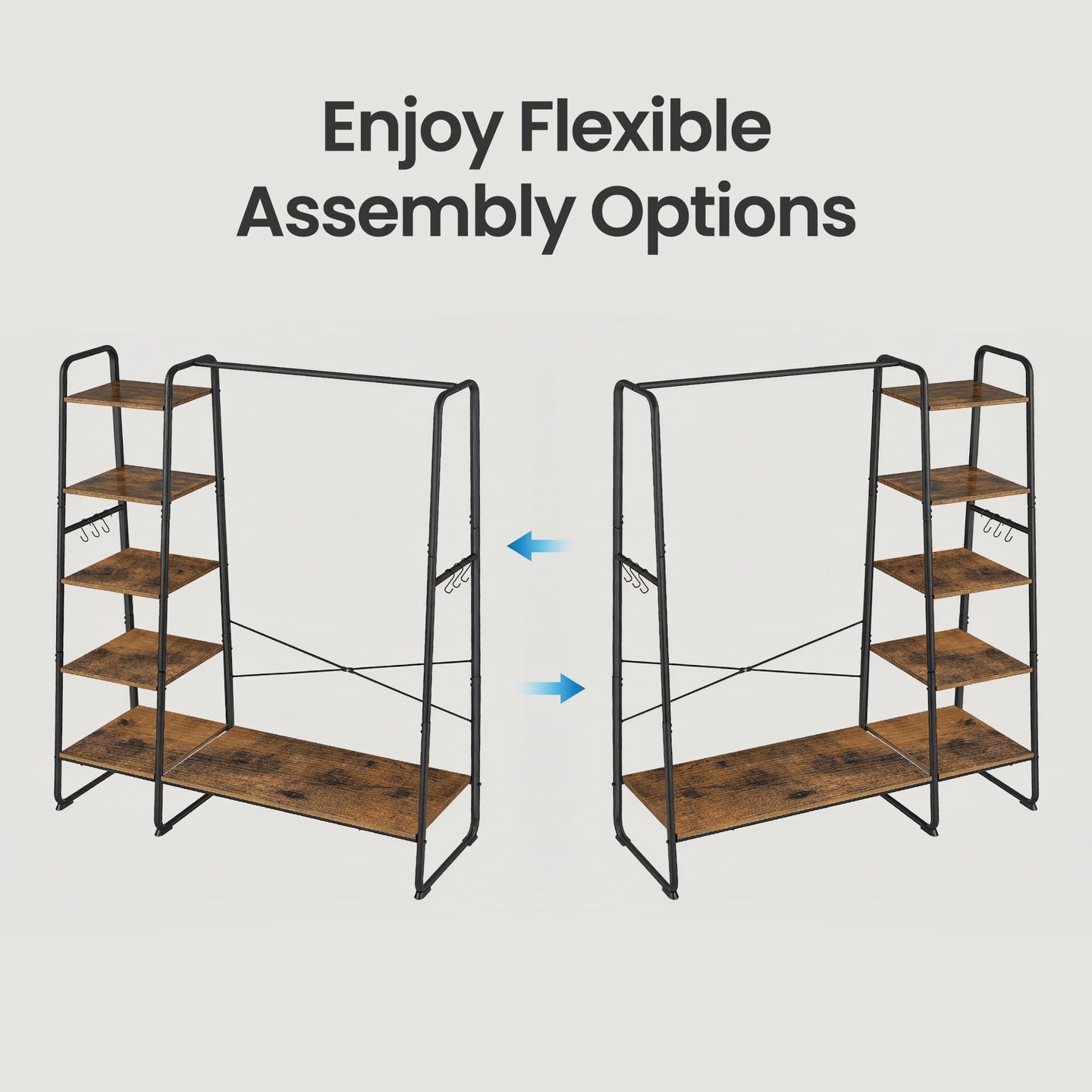 Garment Rack - Metal - Brown and Black - 5-Tier Shelves and 6 Hooks