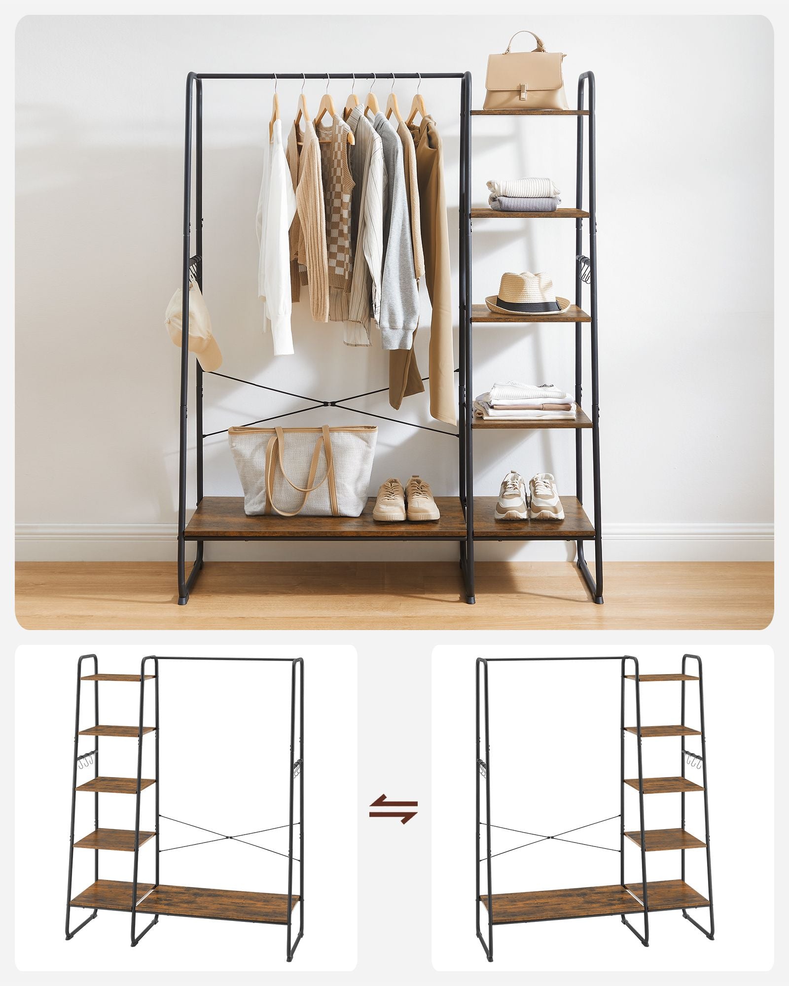 Clothes Rail - Metal - Rustic Brown - 5-Tier Storage with Shoe Rack and Side Hooks