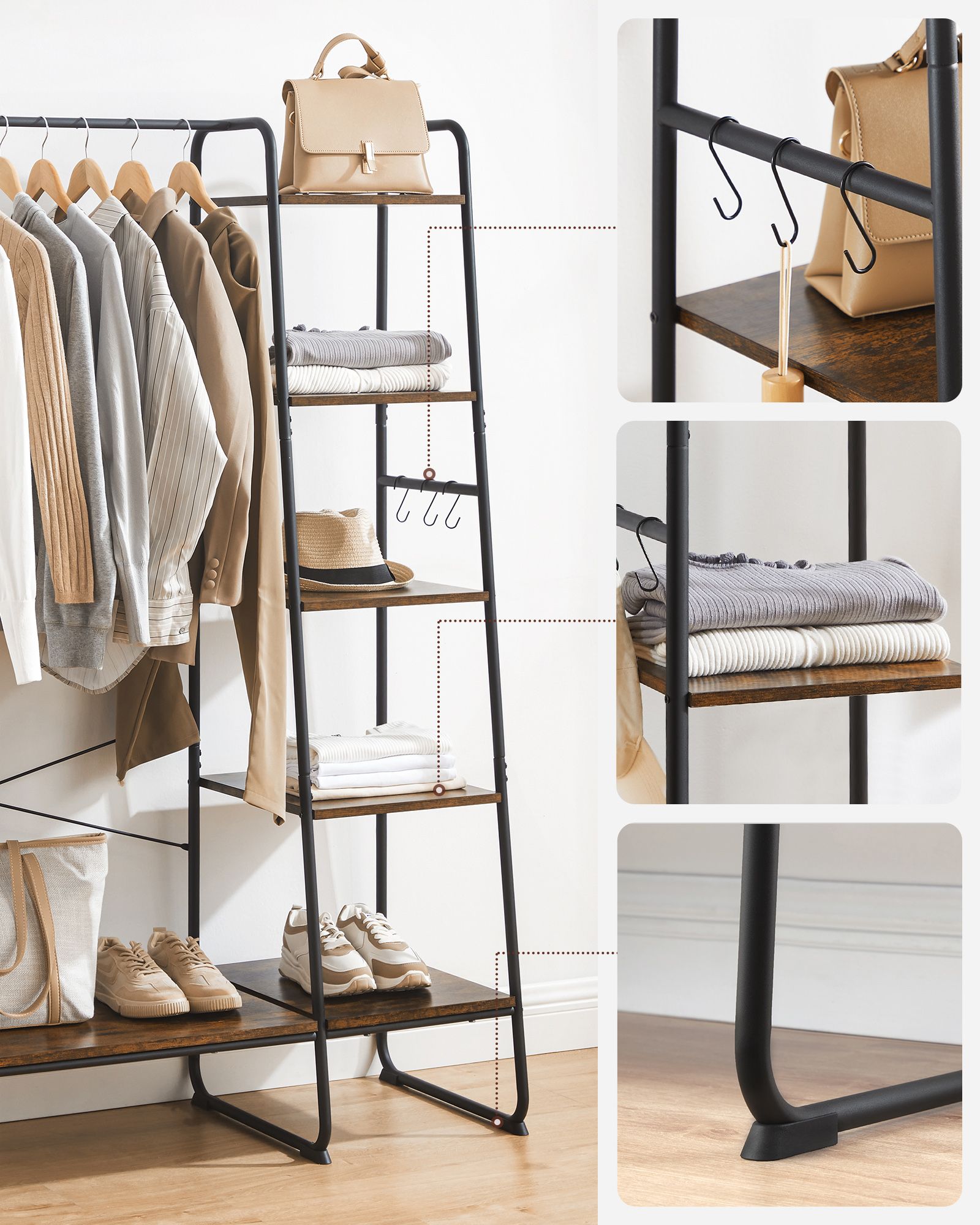 Clothes Rail - Metal - Rustic Brown - 5-Tier Storage with Shoe Rack and Side Hooks