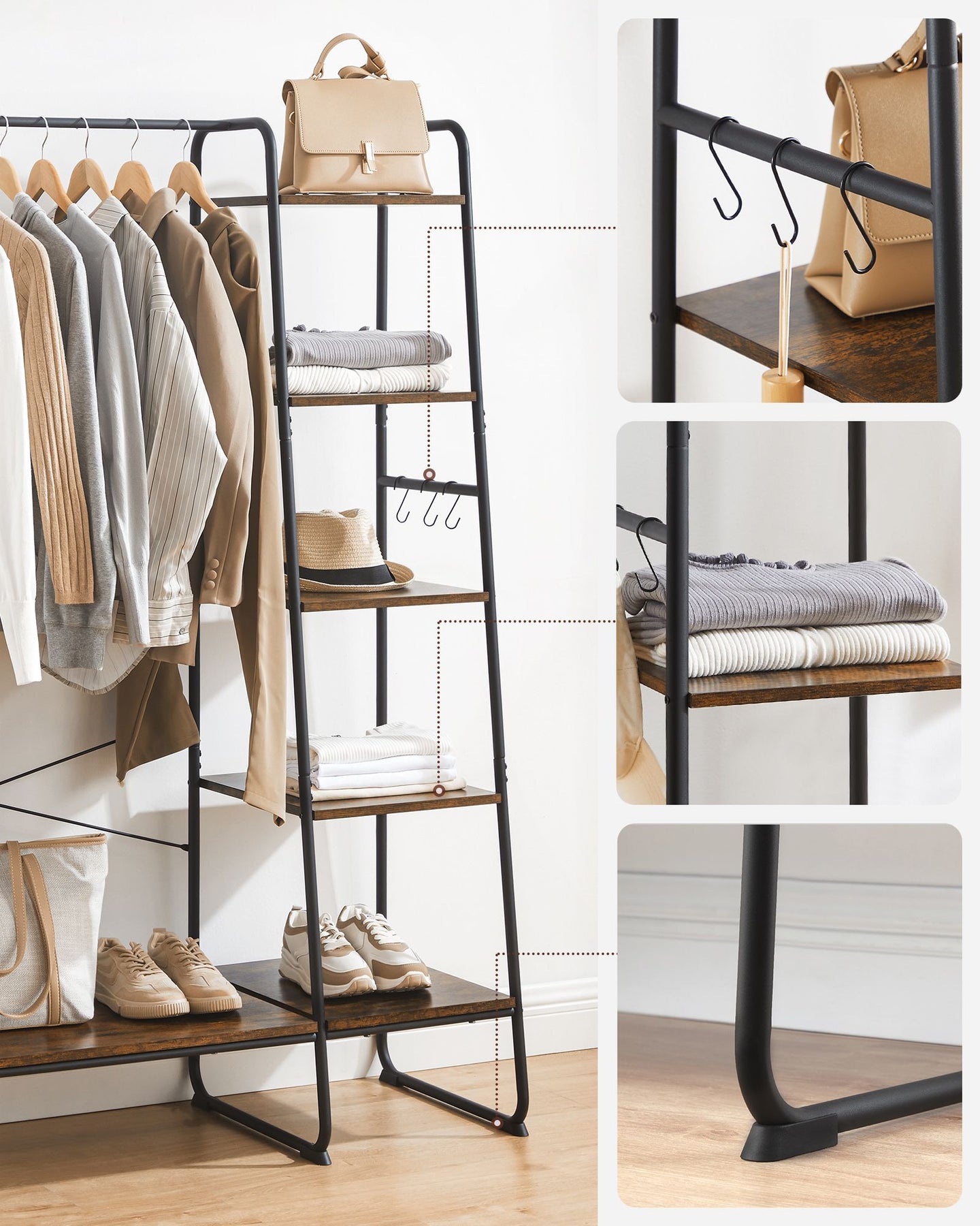 Clothes Rail - Metal - Rustic Brown - 5-Tier Storage with Shoe Rack and Side Hooks