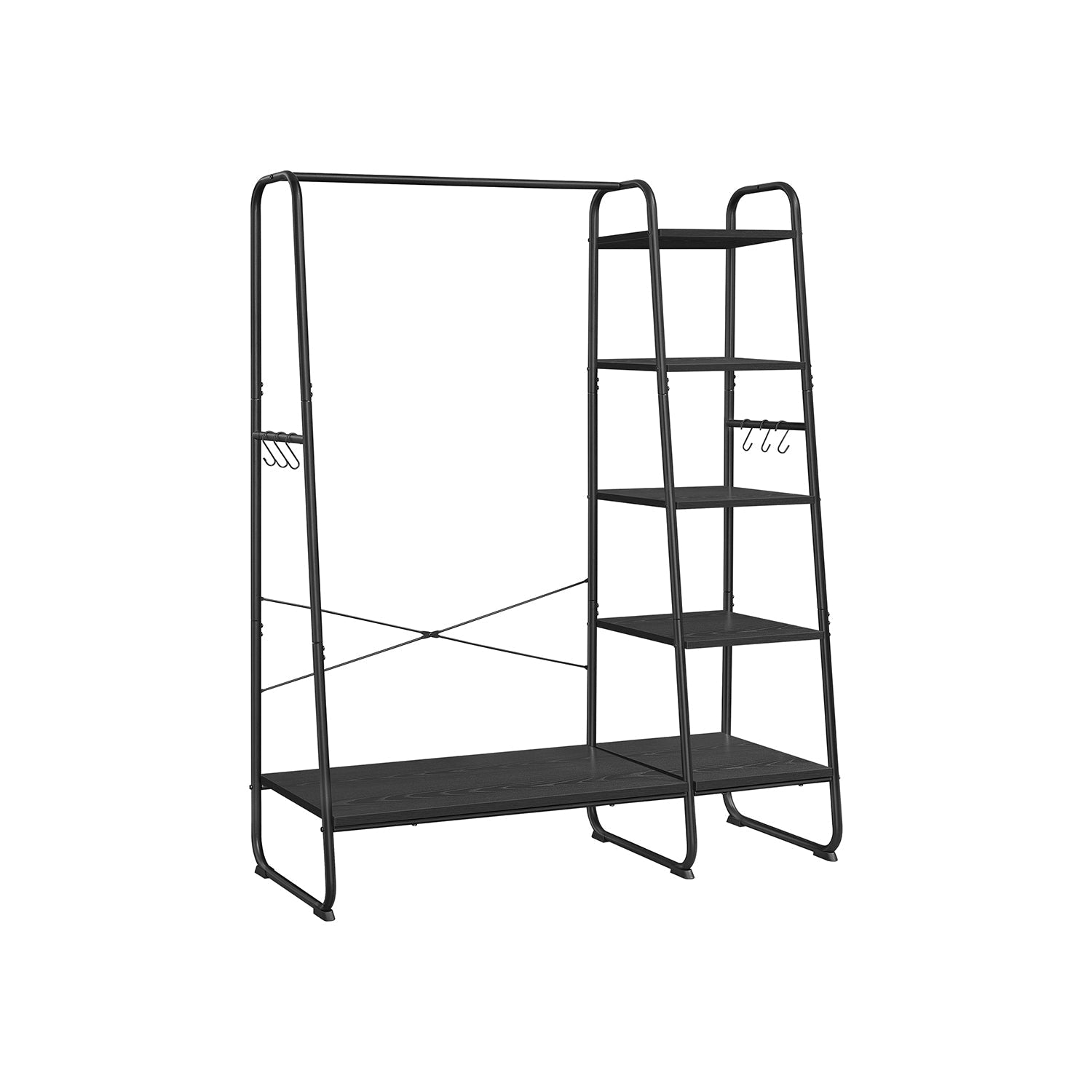 Clothes Rack - Metal - Ebony Black - 5-Tier Storage with Shoe Shelf and 6 Side Hooks