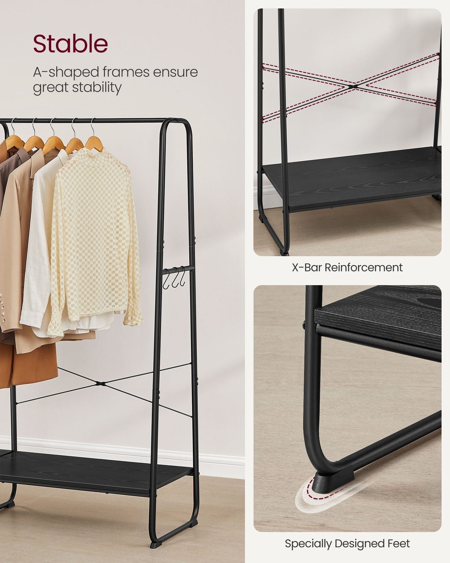Clothes Rack - Metal - Ebony Black - 5-Tier Storage with Shoe Shelf and 6 Side Hooks