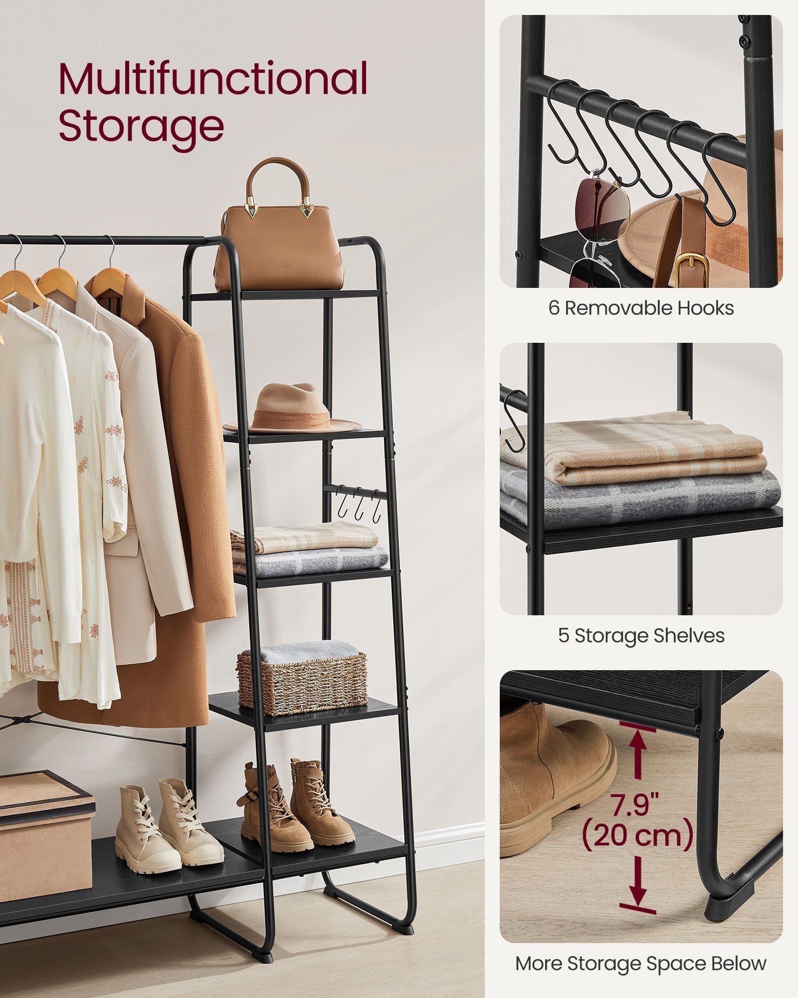 Clothes Rack - Metal - Ebony Black - 5-Tier Storage with Shoe Shelf and 6 Side Hooks