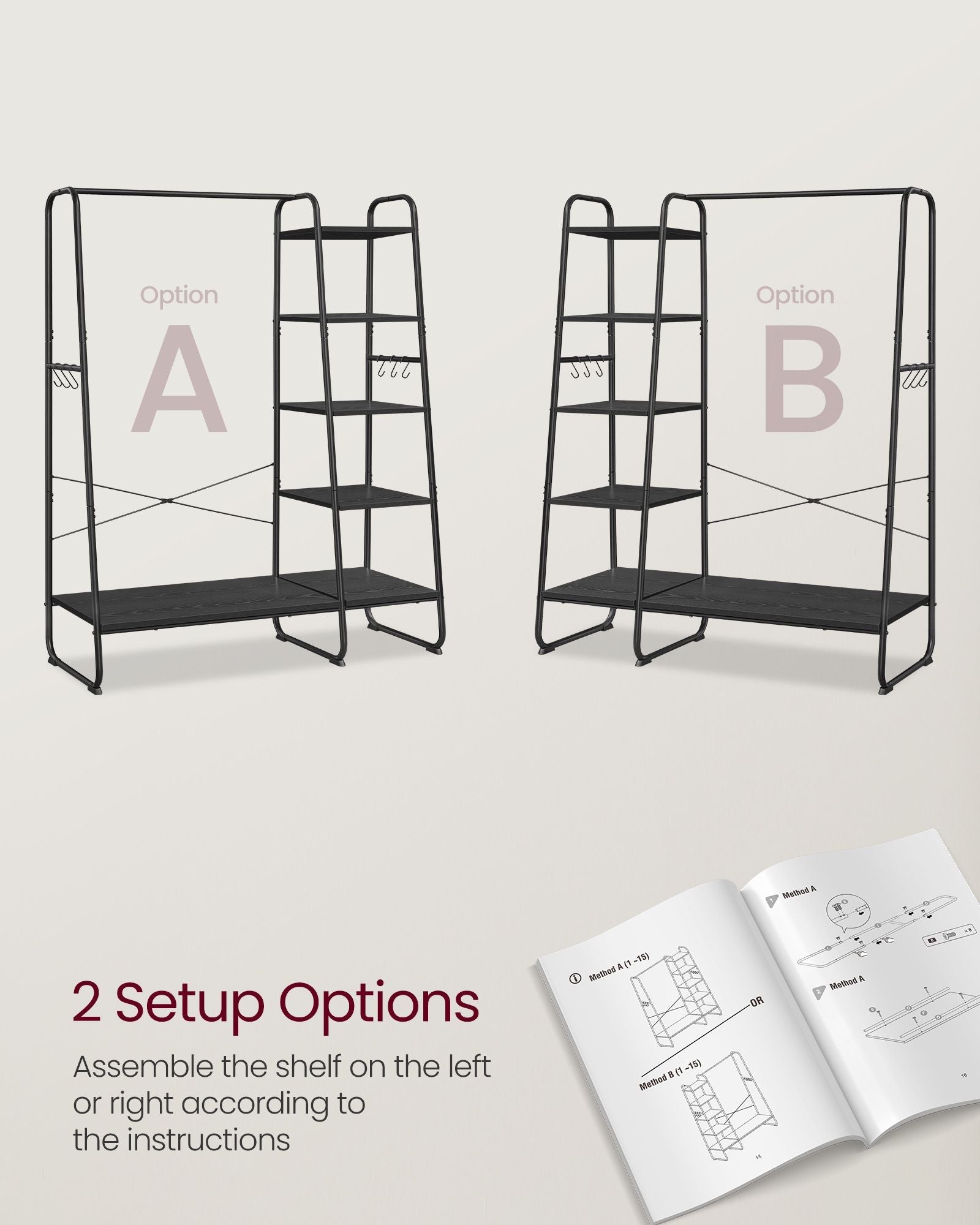 Clothes Rack - Metal - Ebony Black - 5-Tier Storage with Shoe Shelf and 6 Side Hooks