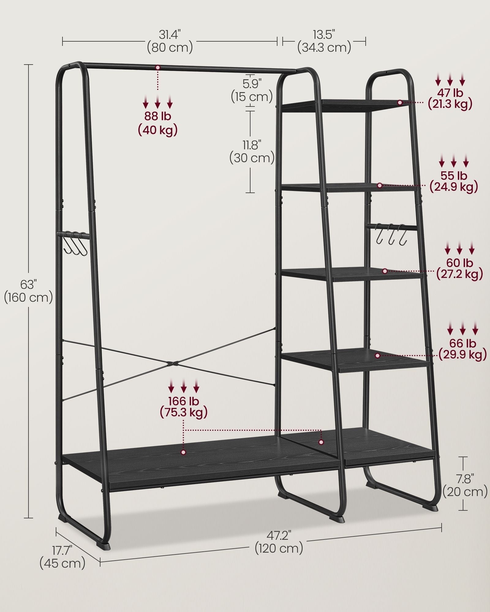 Clothes Rack - Metal - Ebony Black - 5-Tier Storage with Shoe Shelf and 6 Side Hooks