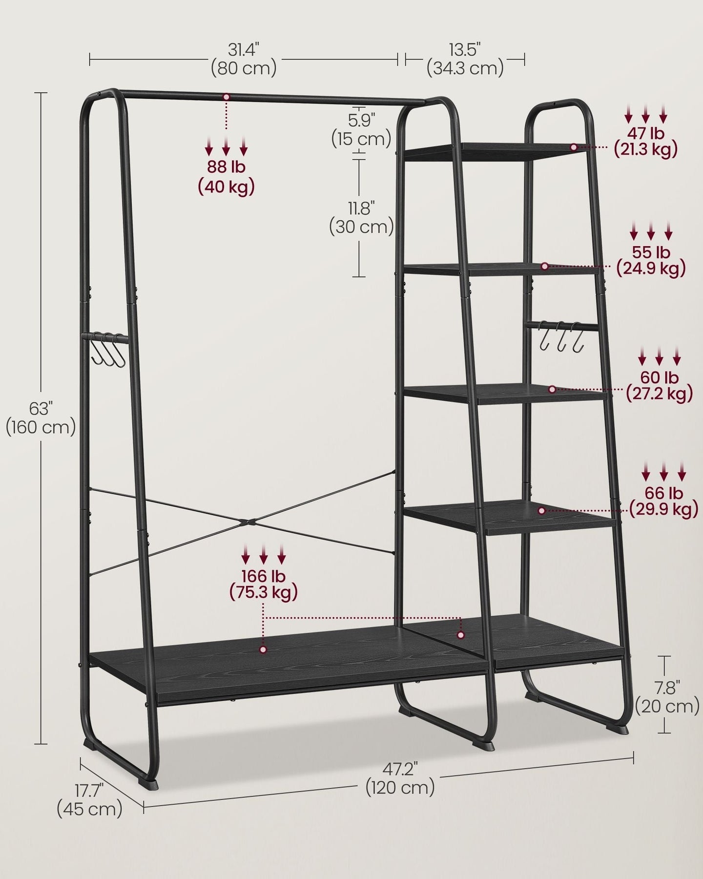 Clothes Rack - Metal - Ebony Black - 5-Tier Storage with Shoe Shelf and 6 Side Hooks