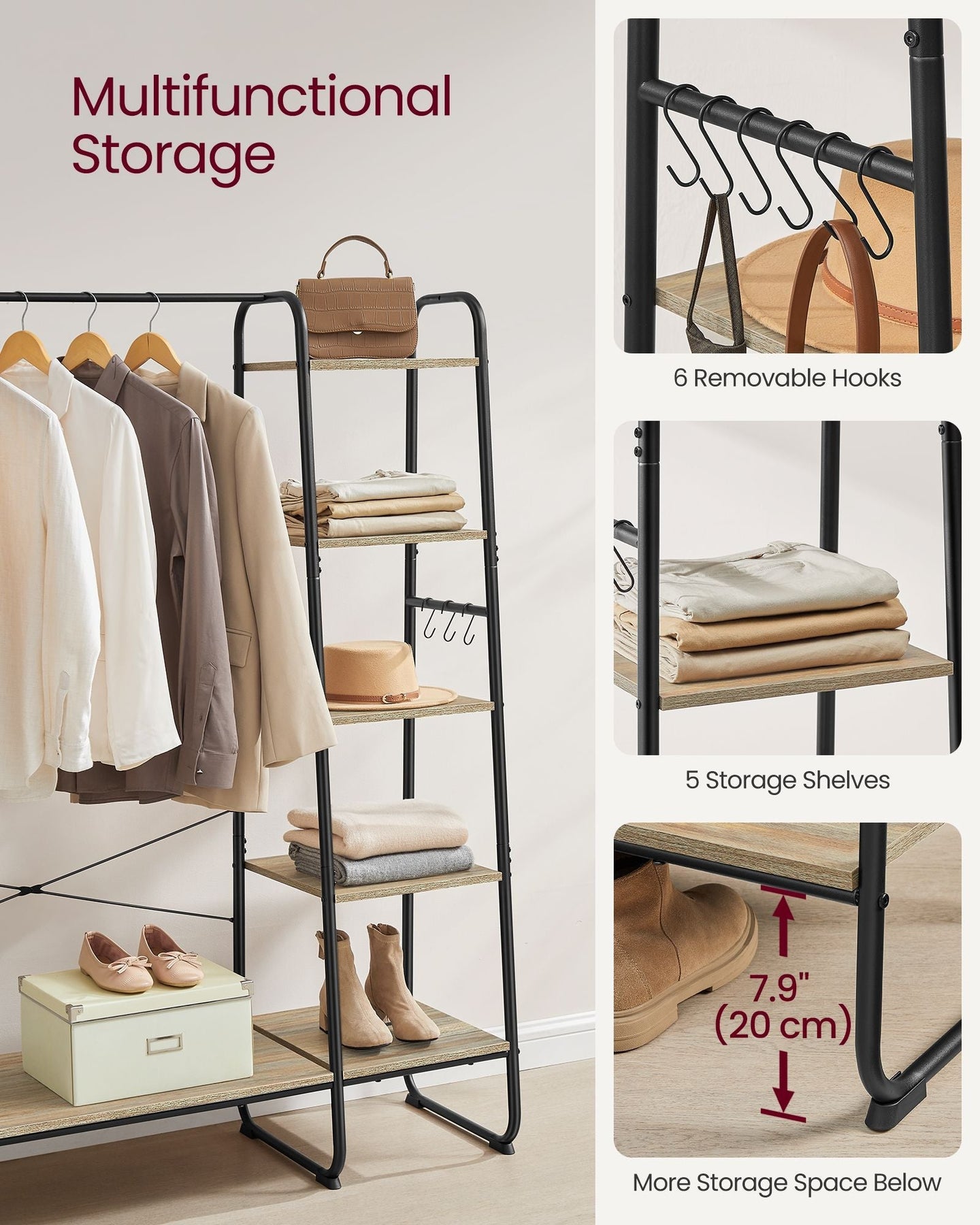 Clothes Rack - Metal - Turquoise and Brown - 5-Tier with Shoe Shelf and 6 Side Hooks