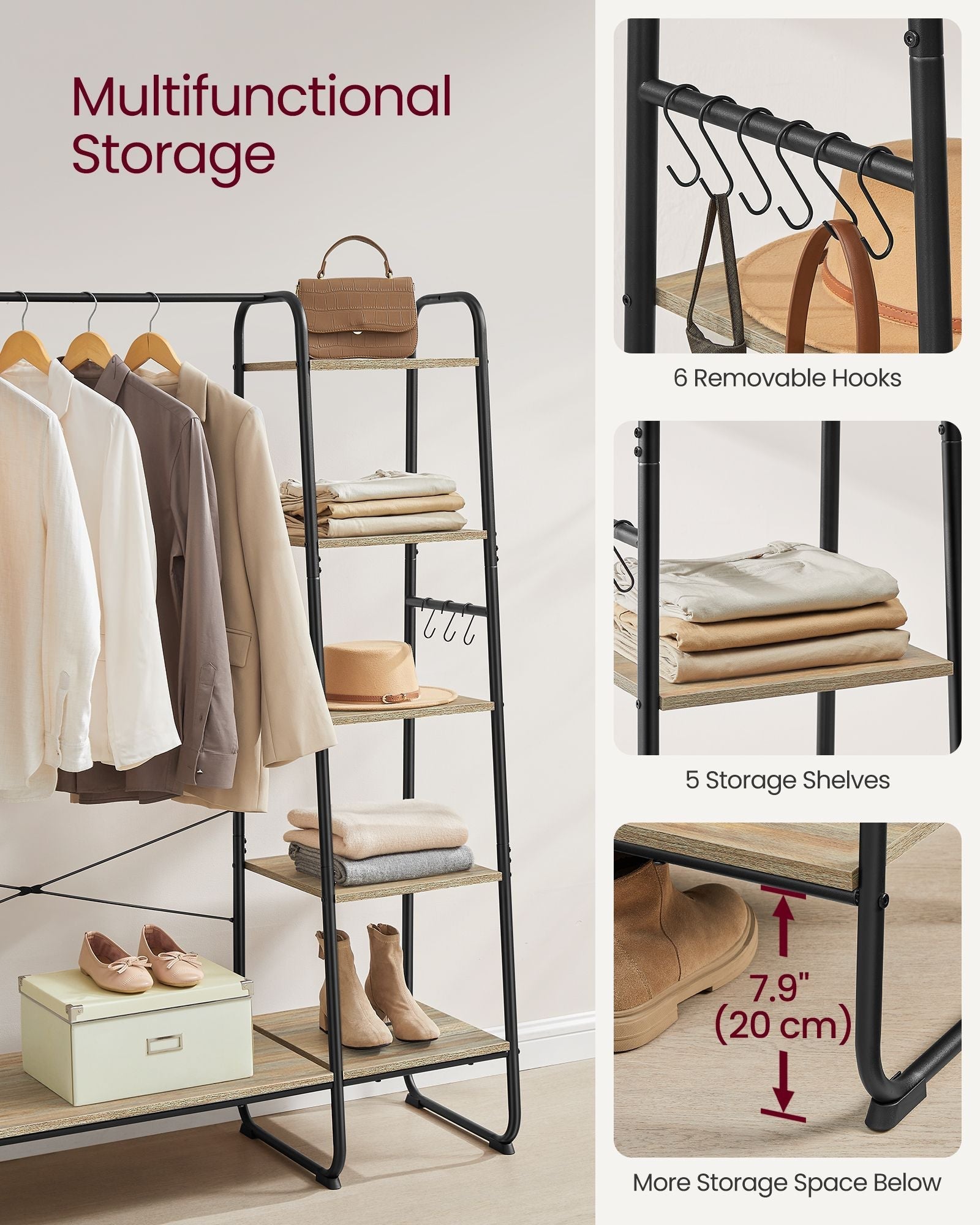 Clothes Rack - Metal - Turquoise and Brown - 5-Tier with Shoe Shelf and 6 Side Hooks