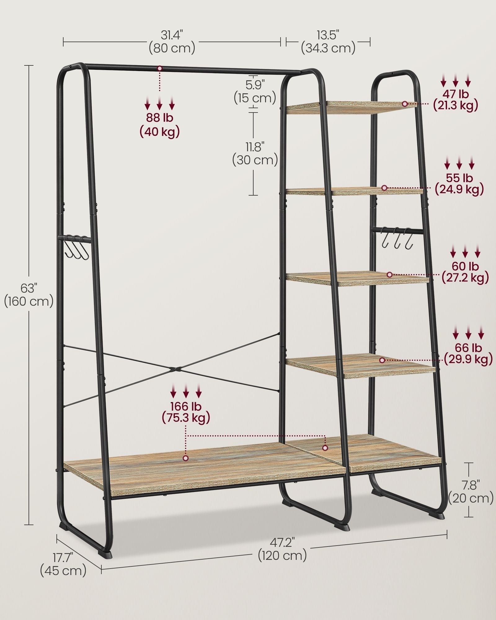 Clothes Rack - Metal - Turquoise and Brown - 5-Tier with Shoe Shelf and 6 Side Hooks