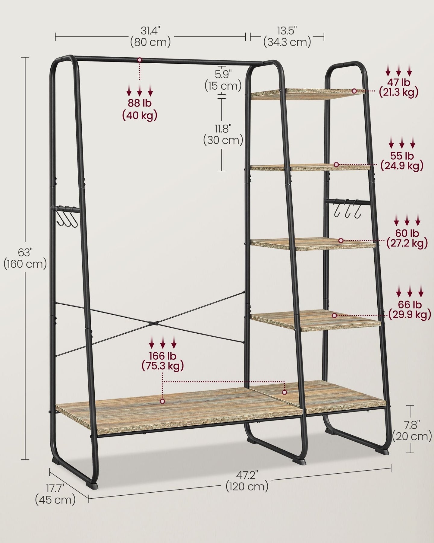 Clothes Rack - Metal - Turquoise and Brown - 5-Tier with Shoe Shelf and 6 Side Hooks