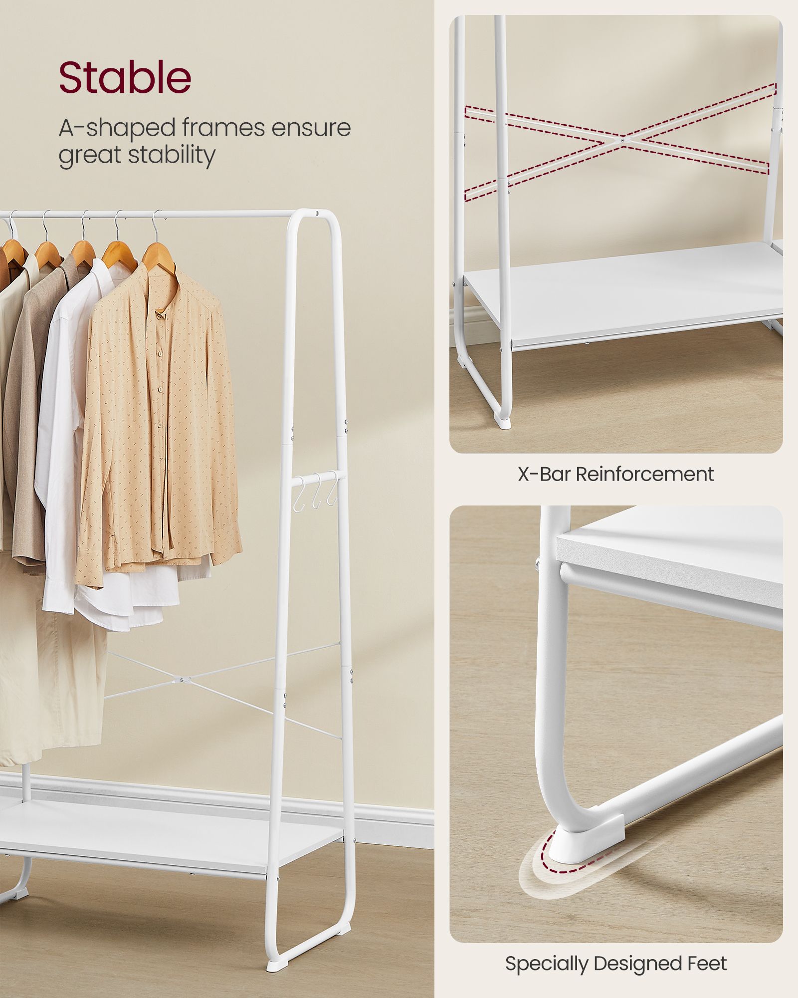 Clothes Rack - Metal - Cloud White - 5-Tier with Shoe Shelf and 6 Side Hooks