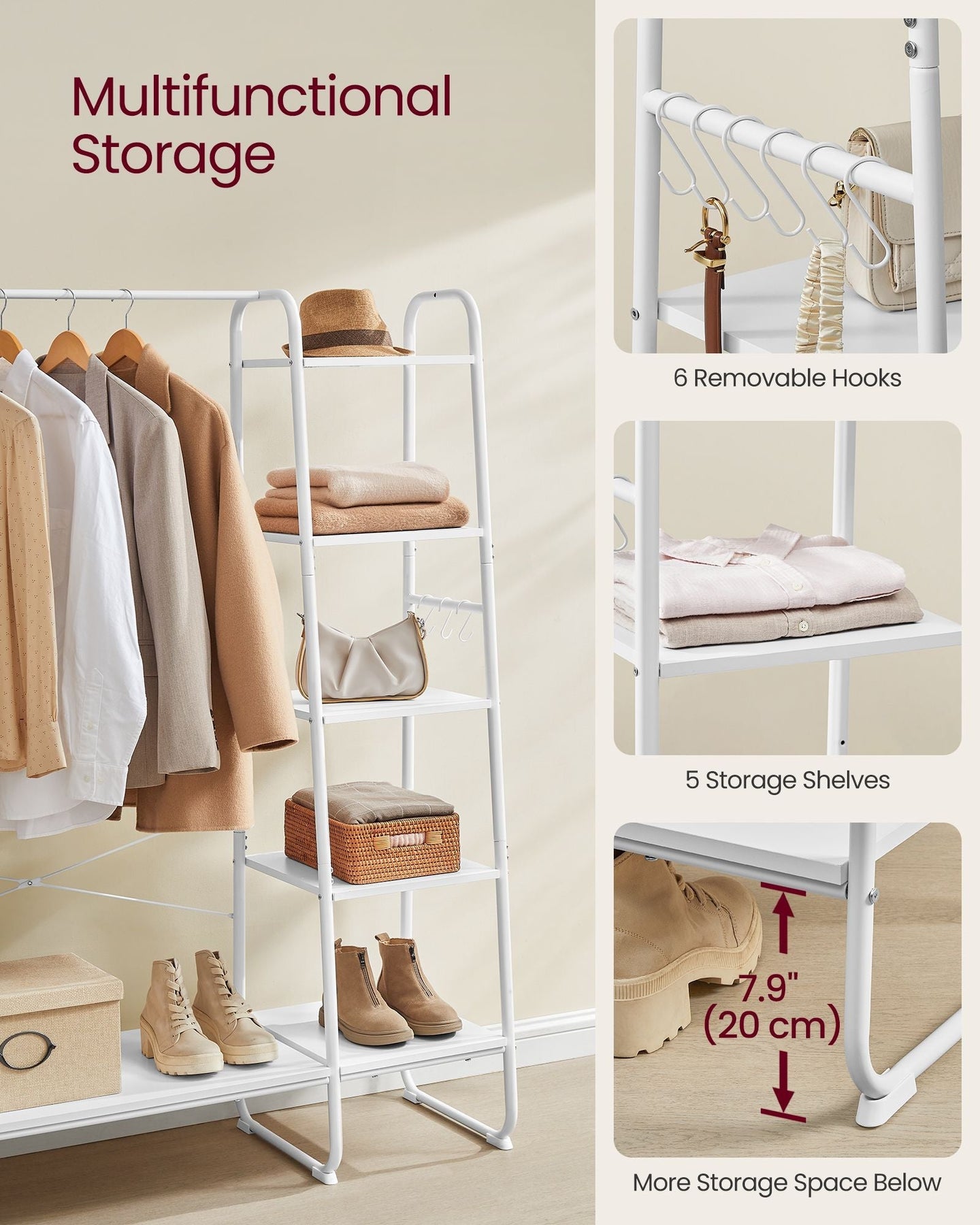 Clothes Rack - Metal - Cloud White - 5-Tier with Shoe Shelf and 6 Side Hooks