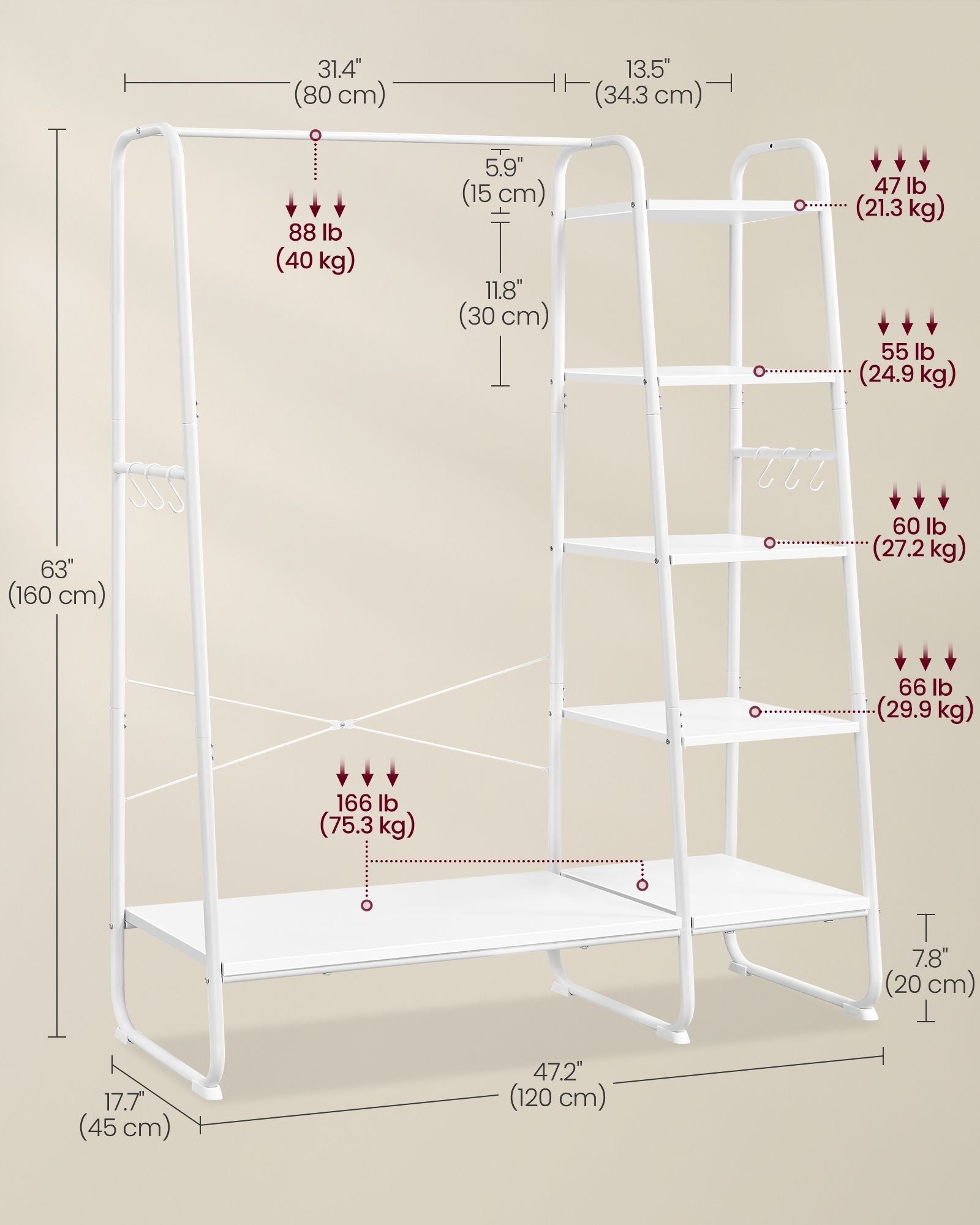 Clothes Rack - Metal - Cloud White - 5-Tier with Shoe Shelf and 6 Side Hooks