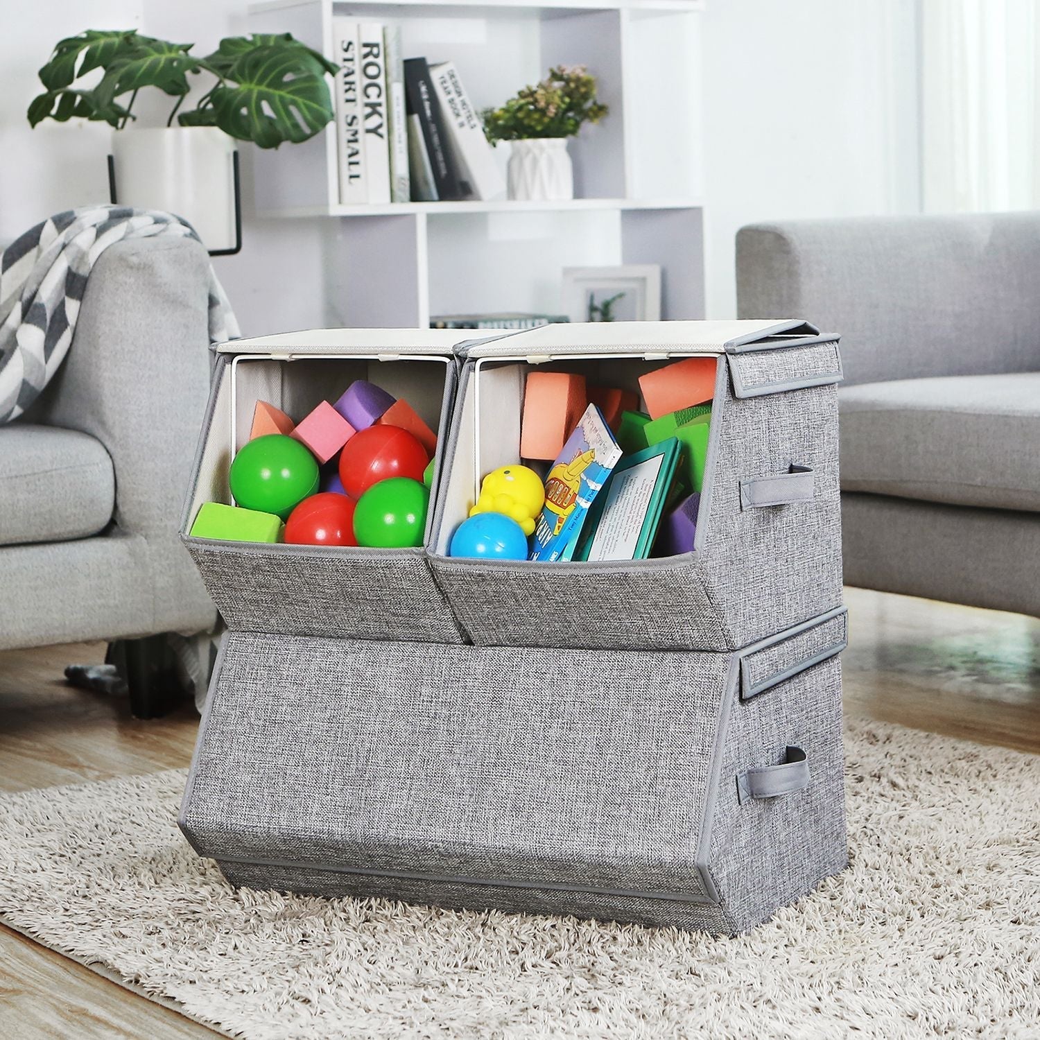 Stackable Storage Boxes - Metal Frame - Grey - Set of 3 with Lid and Magnetic Closure