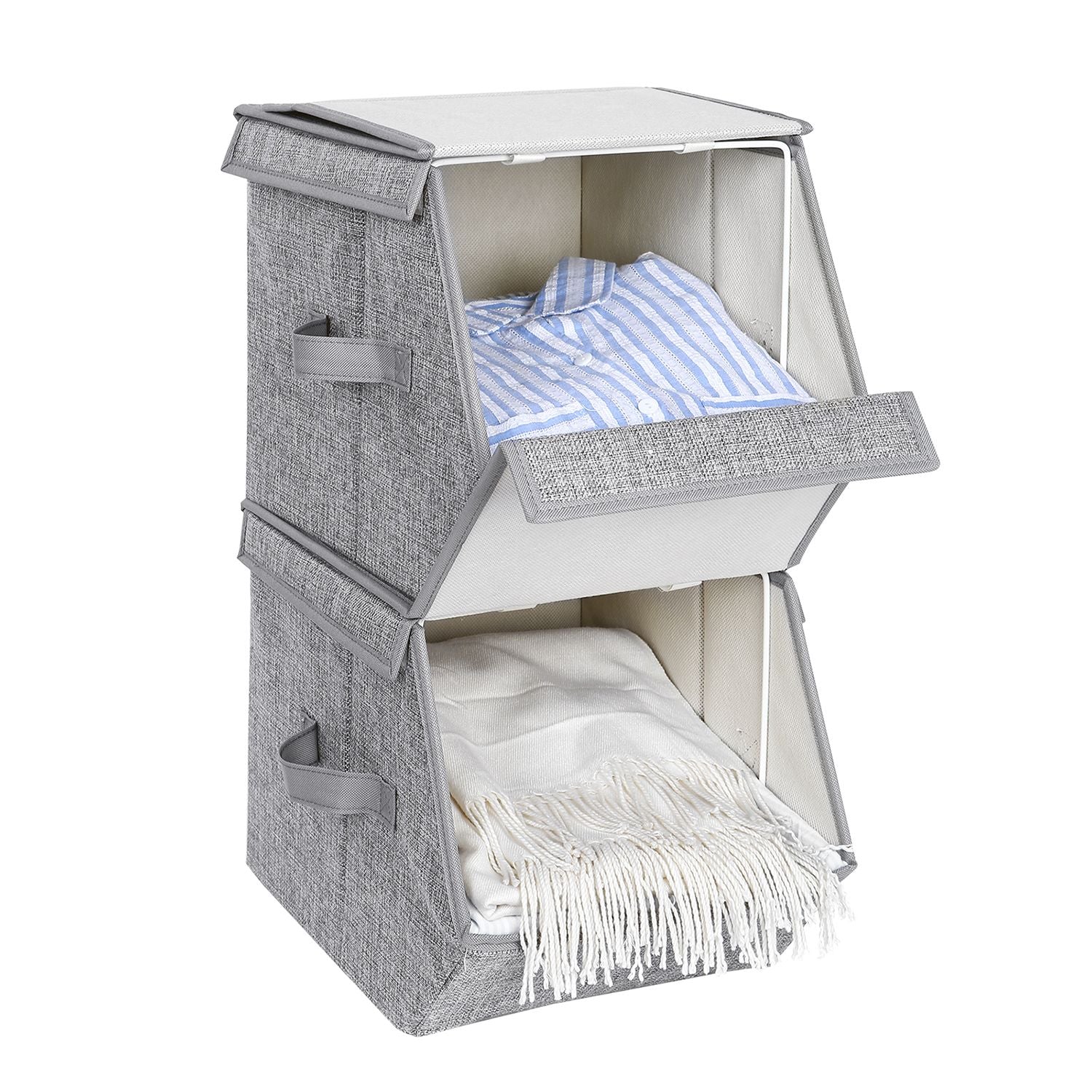 Stackable Storage Boxes - Metal Frame - Grey - Set of 3 with Lid and Magnetic Closure