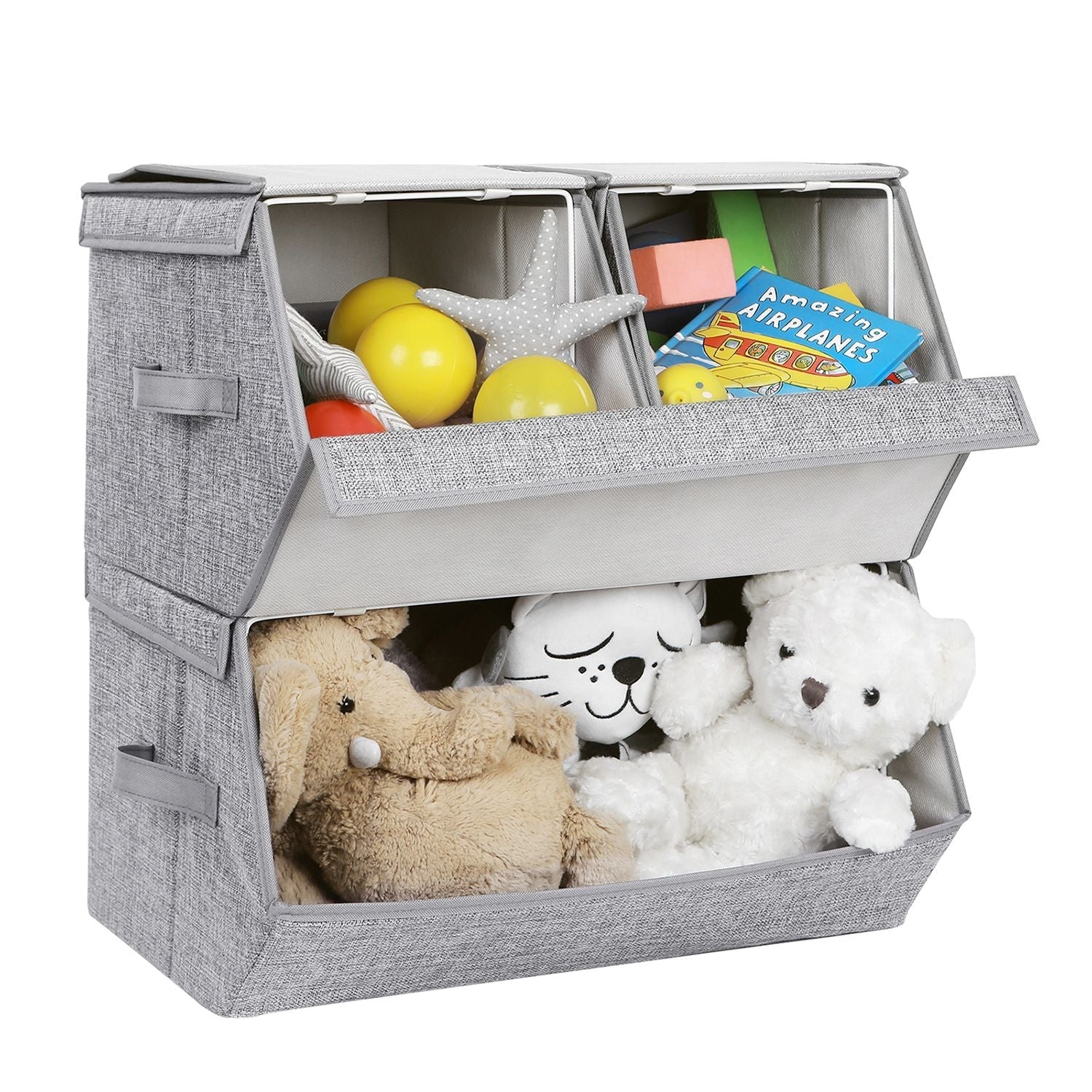 Stackable Storage Boxes - Metal Frame - Grey - Set of 3 with Lid and Magnetic Closure