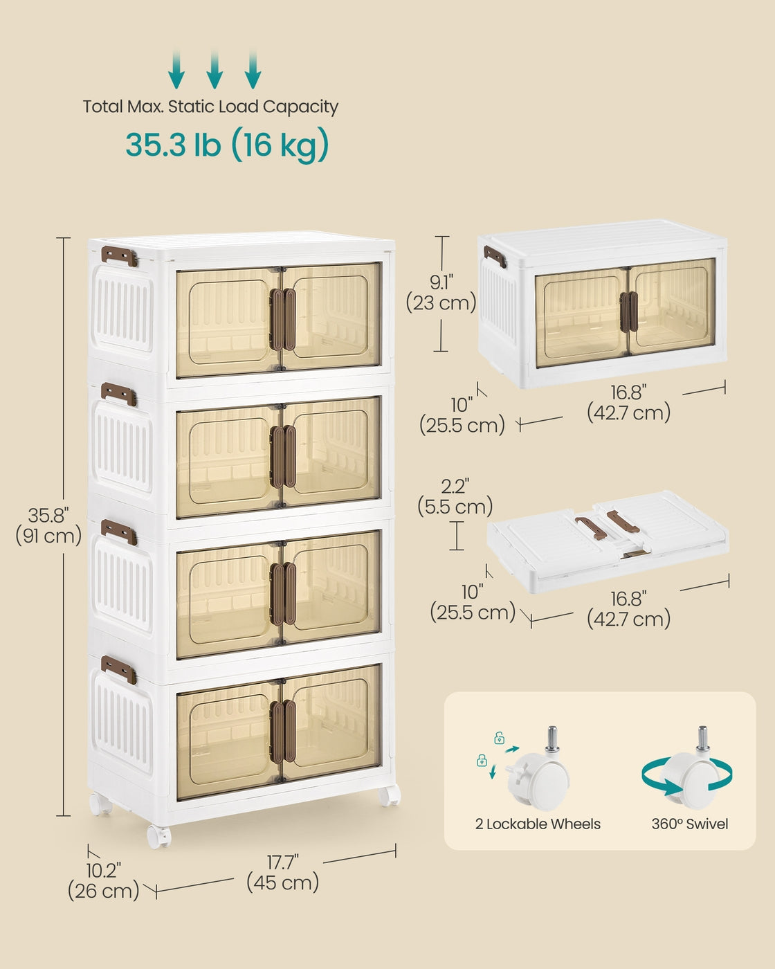 4-Tier Stackable Storage Box - 100L - PP Plastic - Wheels