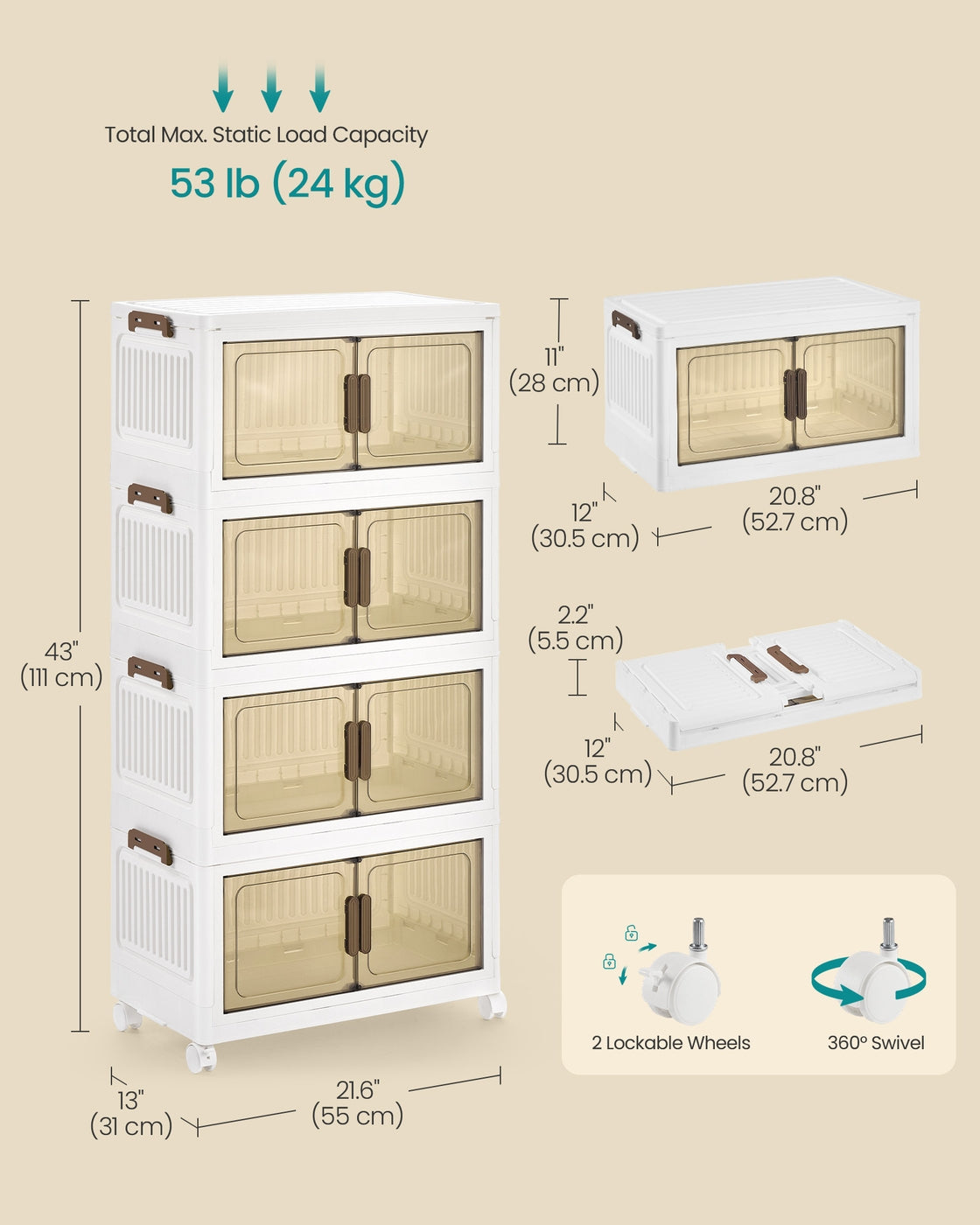 Storage Boxes with Lid - 100L - PP Plastic - 4-Tier Stackable