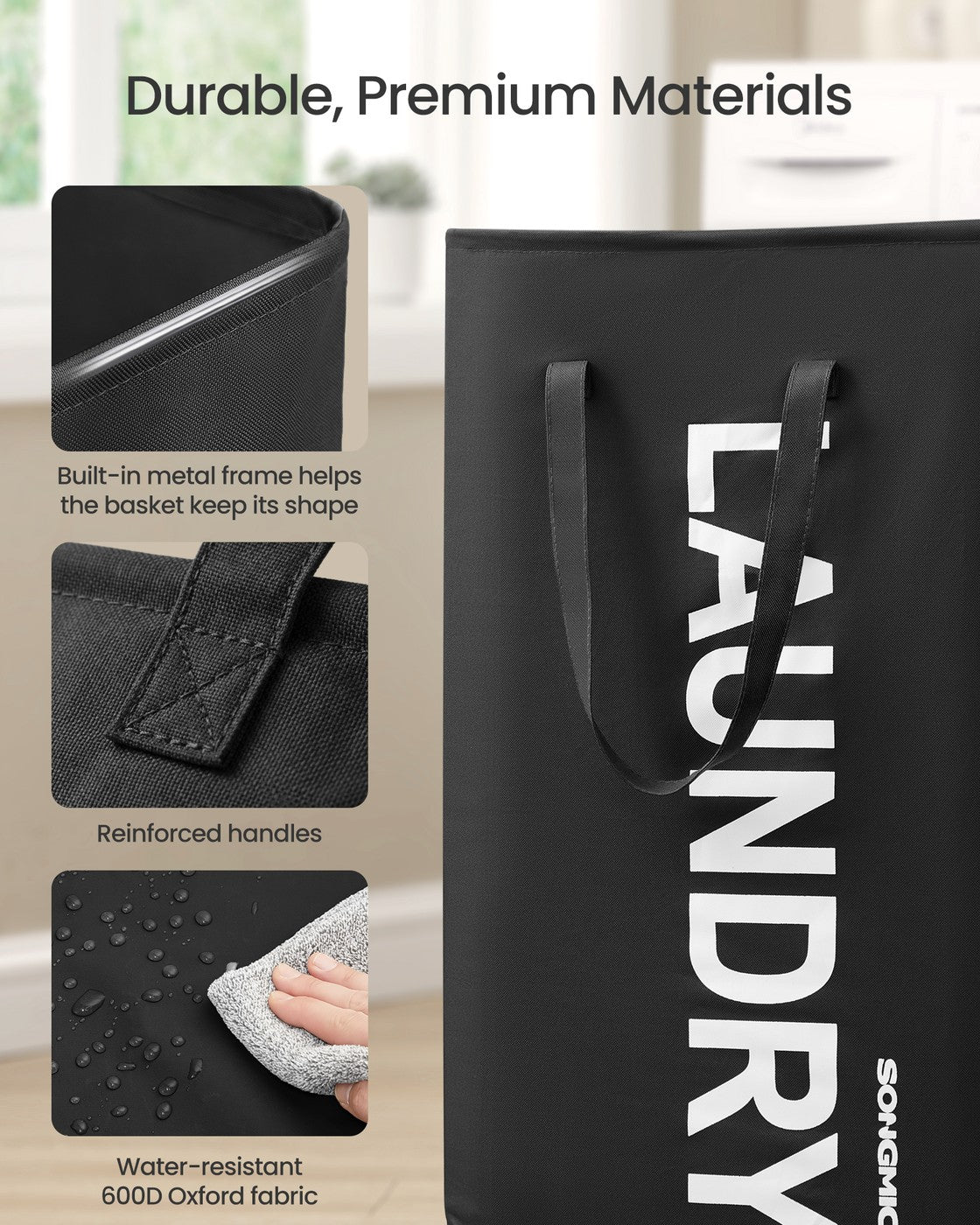 Laundry Baskets Foldable - Fabric and Steel - Ink Black