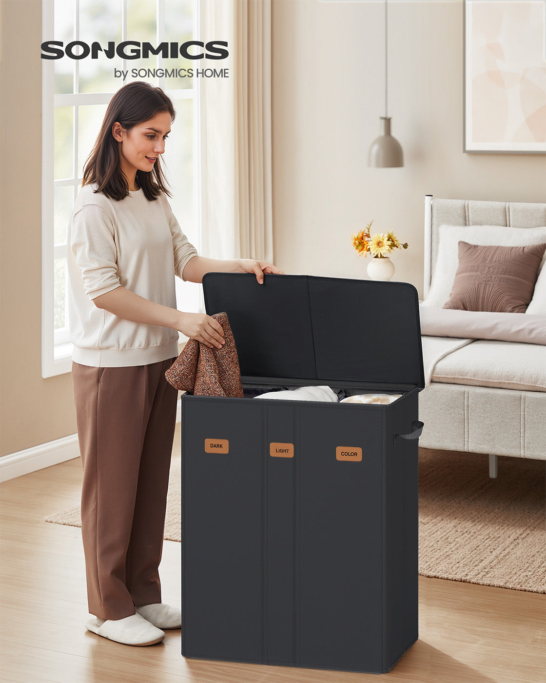 Laundry Basket - Fabric - Ink Black - Three Compartments with Washable Liner and Labels