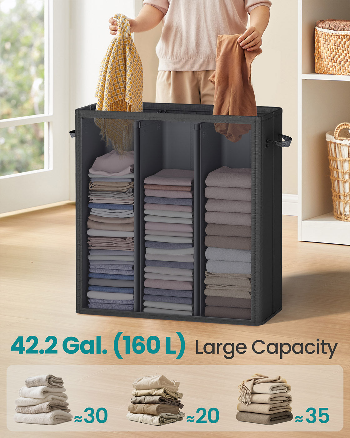 Laundry Basket - Fabric - Ink Black - Three Compartments with Washable Liner and Labels