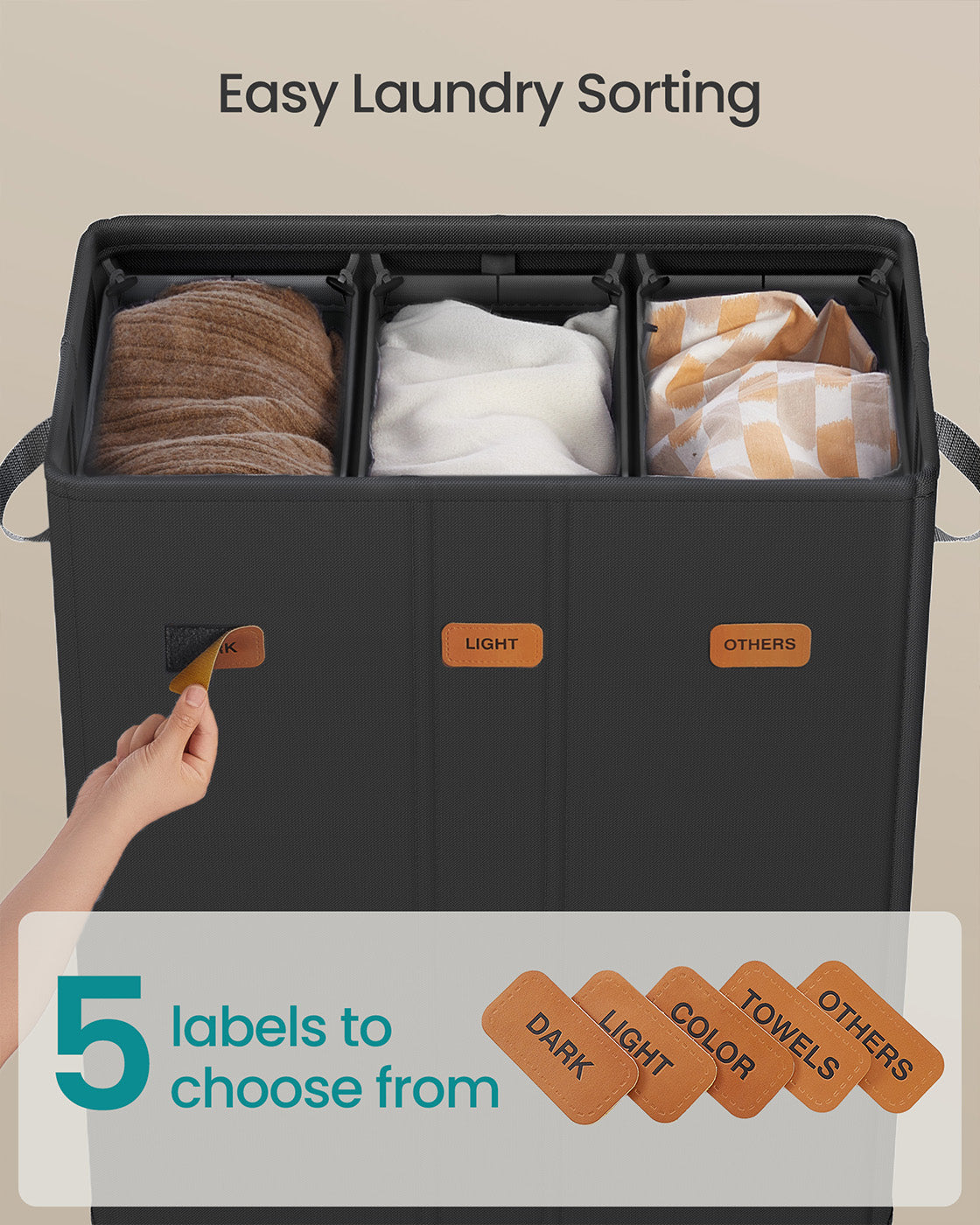 Laundry Basket - Fabric - Ink Black - Three Compartments with Washable Liner and Labels
