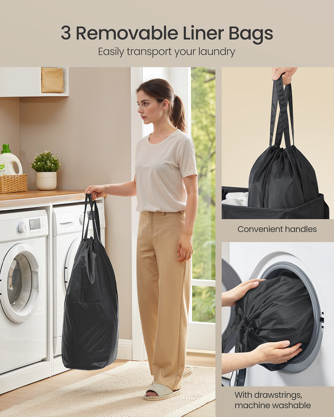 Laundry Basket - Fabric - Ink Black - Three Compartments with Washable Liner and Labels