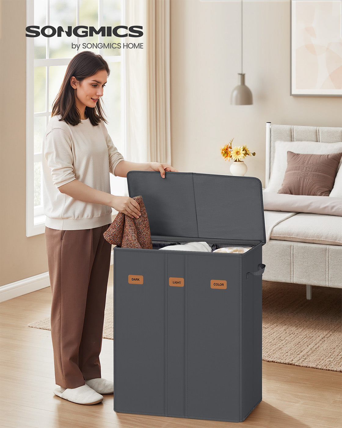 Laundry Basket - Fabric - Ink Black - Three Compartments with Washable Liner and Labels