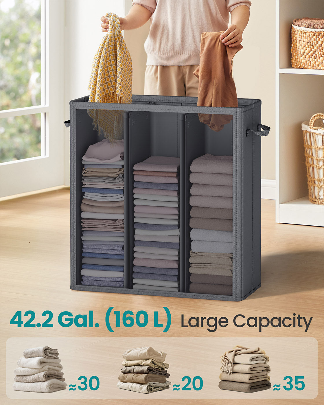 Laundry Basket - Fabric - Ink Black - Three Compartments with Washable Liner and Labels